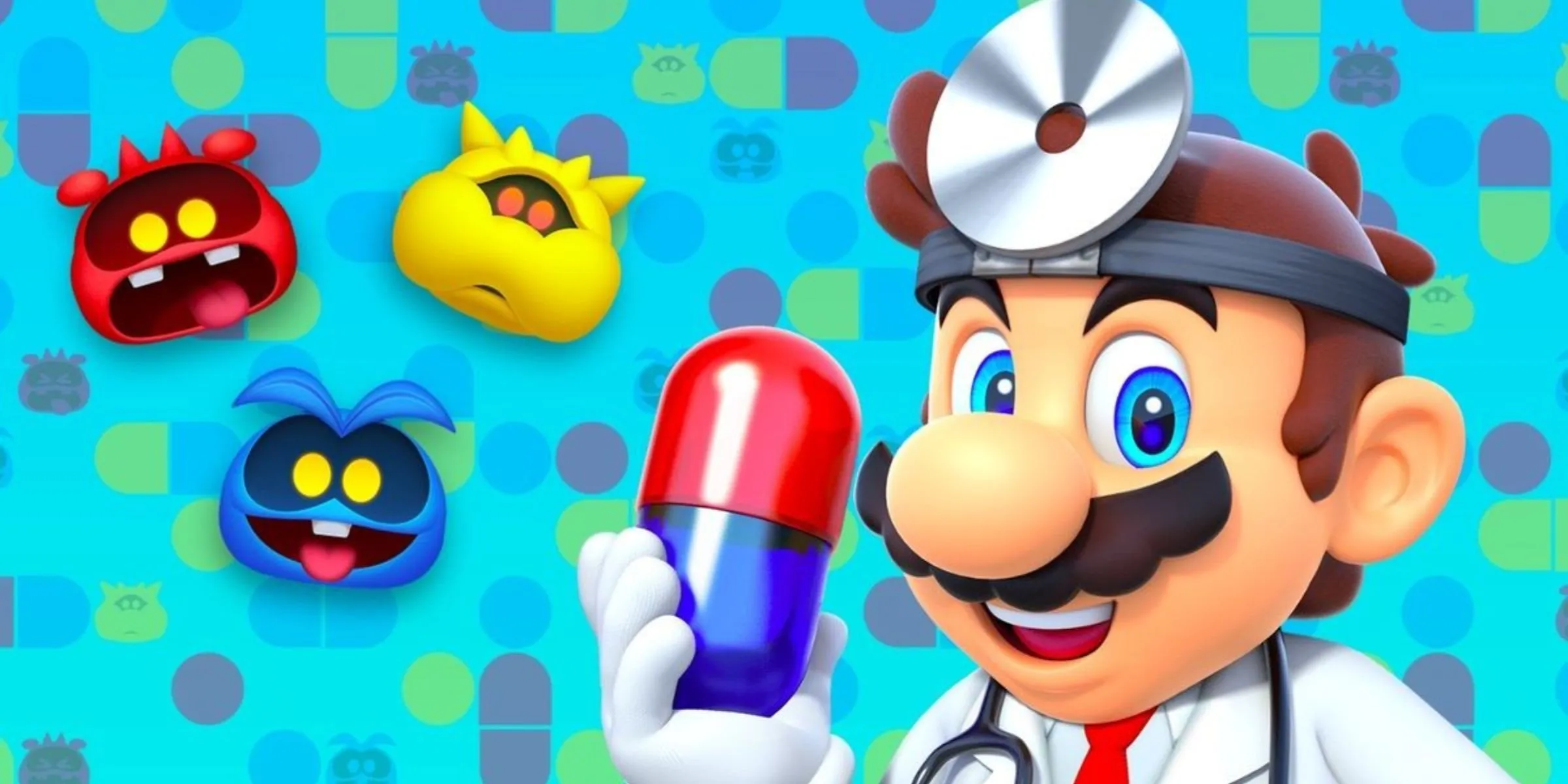 Tiến sĩ Mario và các viên thuốc Mega Vitamin bên cạnh những virus từ game Dr. Mario World, minh họa ý tưởng thuốc chống trầm cảm &quot;gamer hóa&quot; với hình dáng quen thuộc của game.