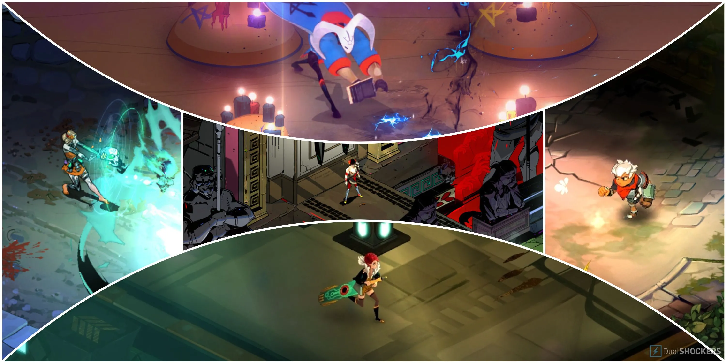 Tổng hợp các nhân vật tiêu biểu trong game của Supergiant Games như Melinoe, Zagreus từ Hades, Red từ Transistor và Logan từ Pyre