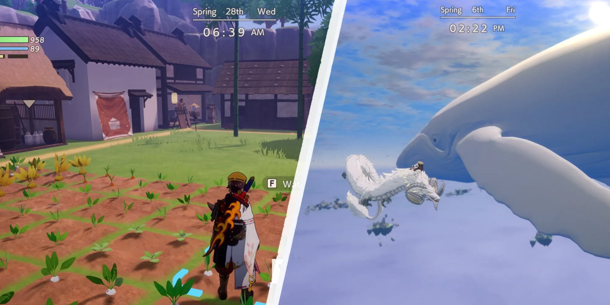 Xây dựng một ngôi làng và bay lượn gần một con cá voi trên đảo trong Rune Factory Guardians of Azuma