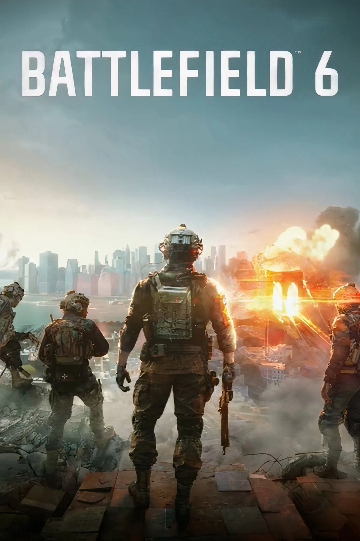 Ảnh bìa chính thức của Battlefield 6 với hình ảnh chiến trường rực lửa và binh lính sẵn sàng chiến đấu trên các nền tảng PS5, Xbox, PC