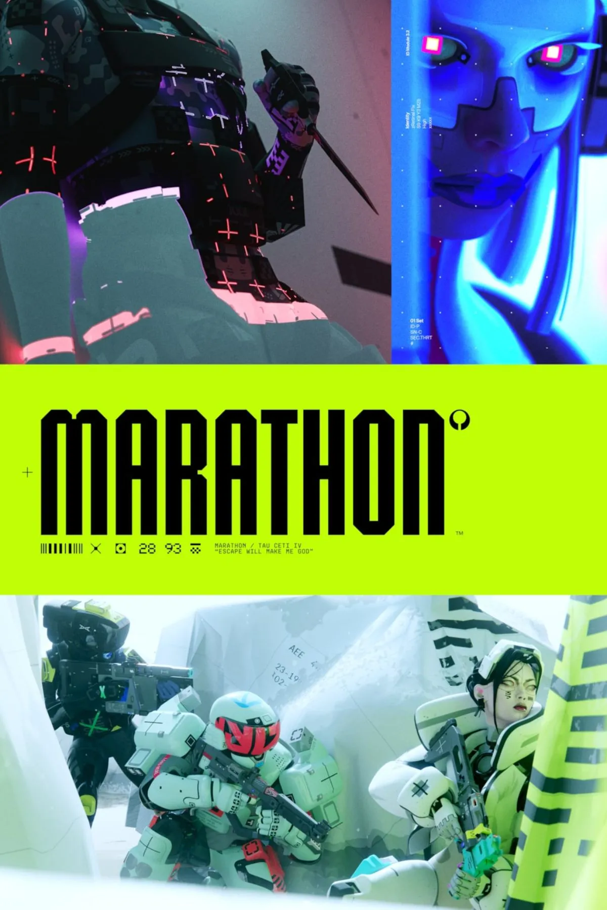 Ảnh bìa chính thức của game Marathon với logo và hình ảnh một chiến binh bí ẩn