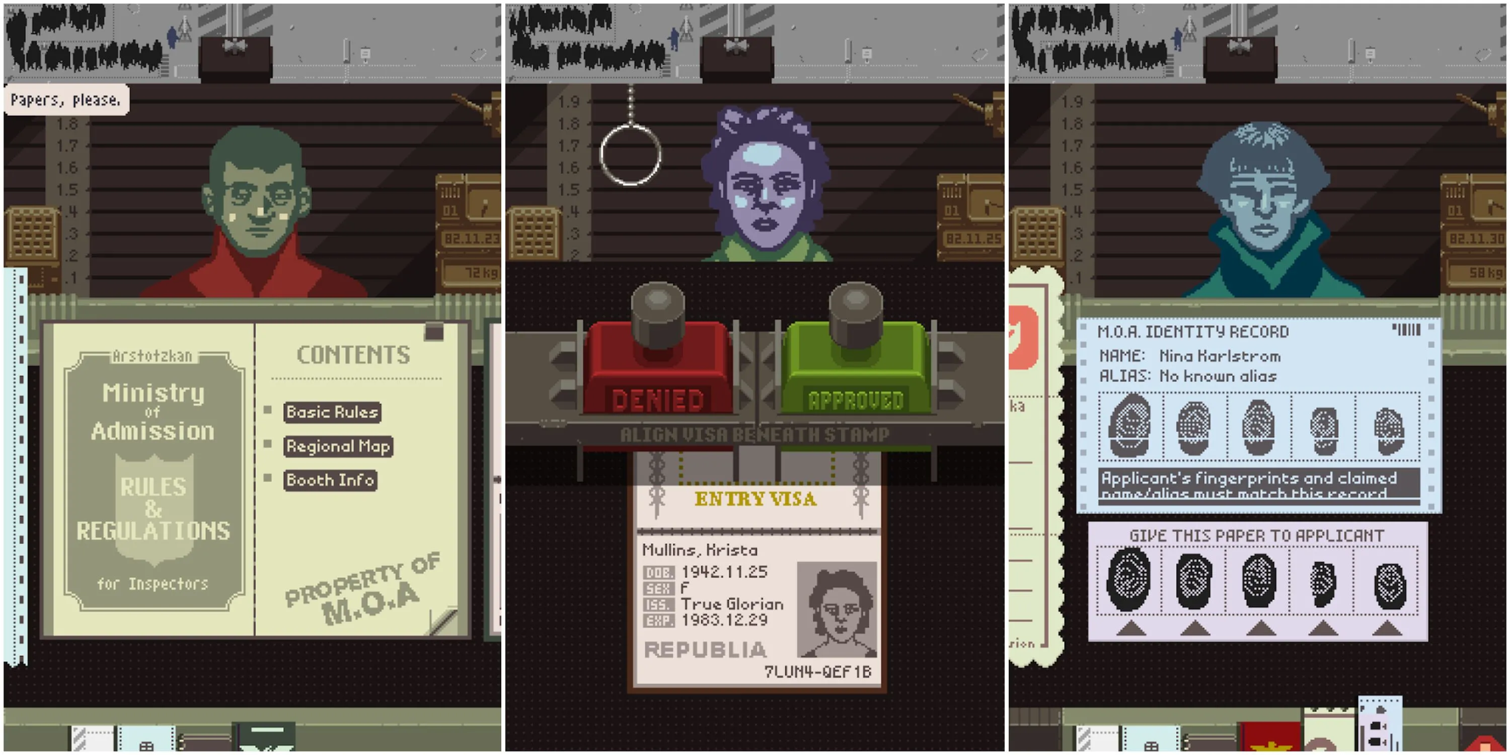 Ảnh chụp màn hình phiên bản di động của Papers, Please, hiển thị giao diện kiểm tra hộ chiếu chân thực và căng thẳng