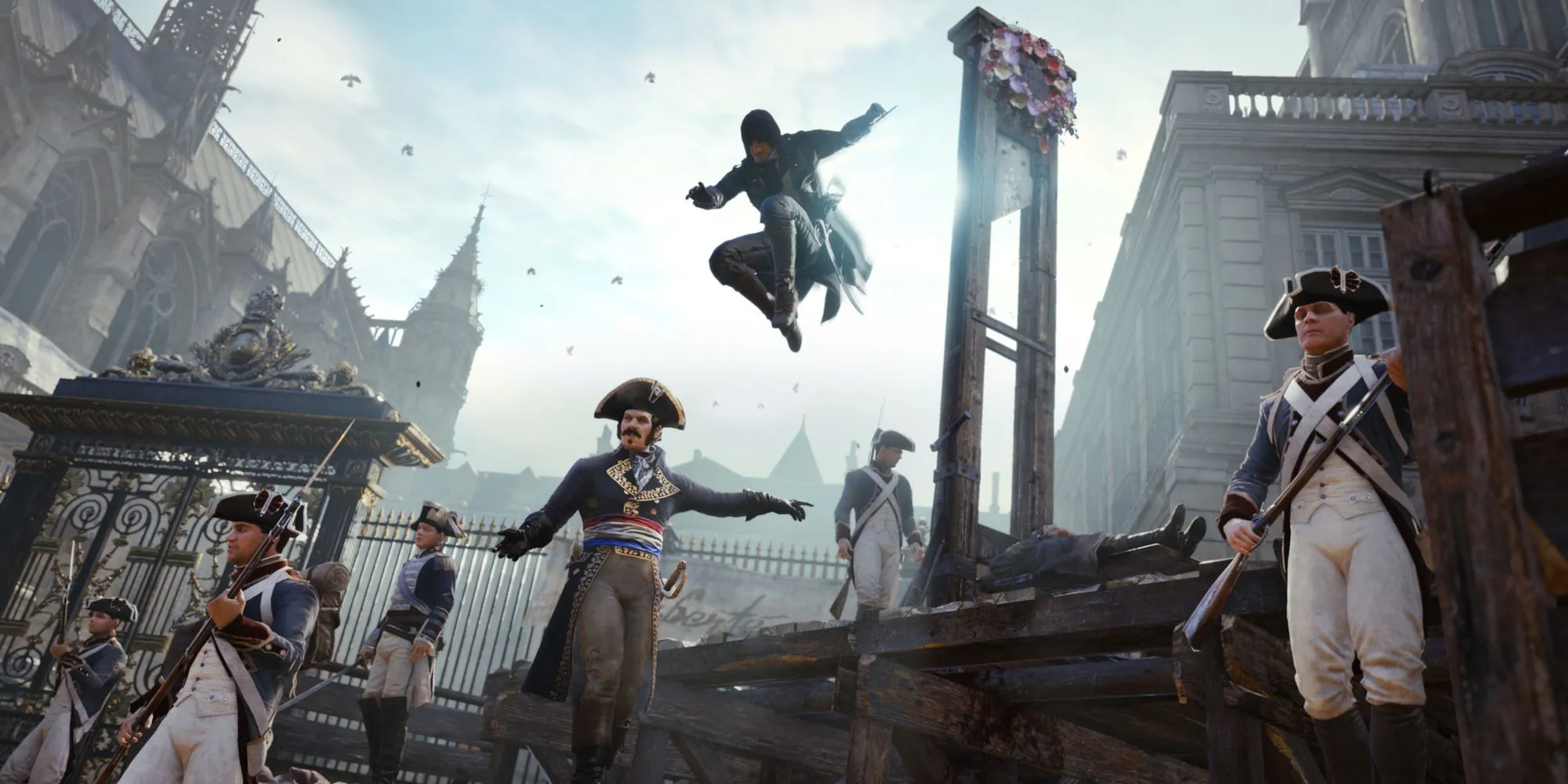 Arno Dorian thực hiện kỹ năng ám sát trên không trong Assassin's Creed Unity, hình ảnh gợi lên gameplay hành động đặc trưng của dòng game