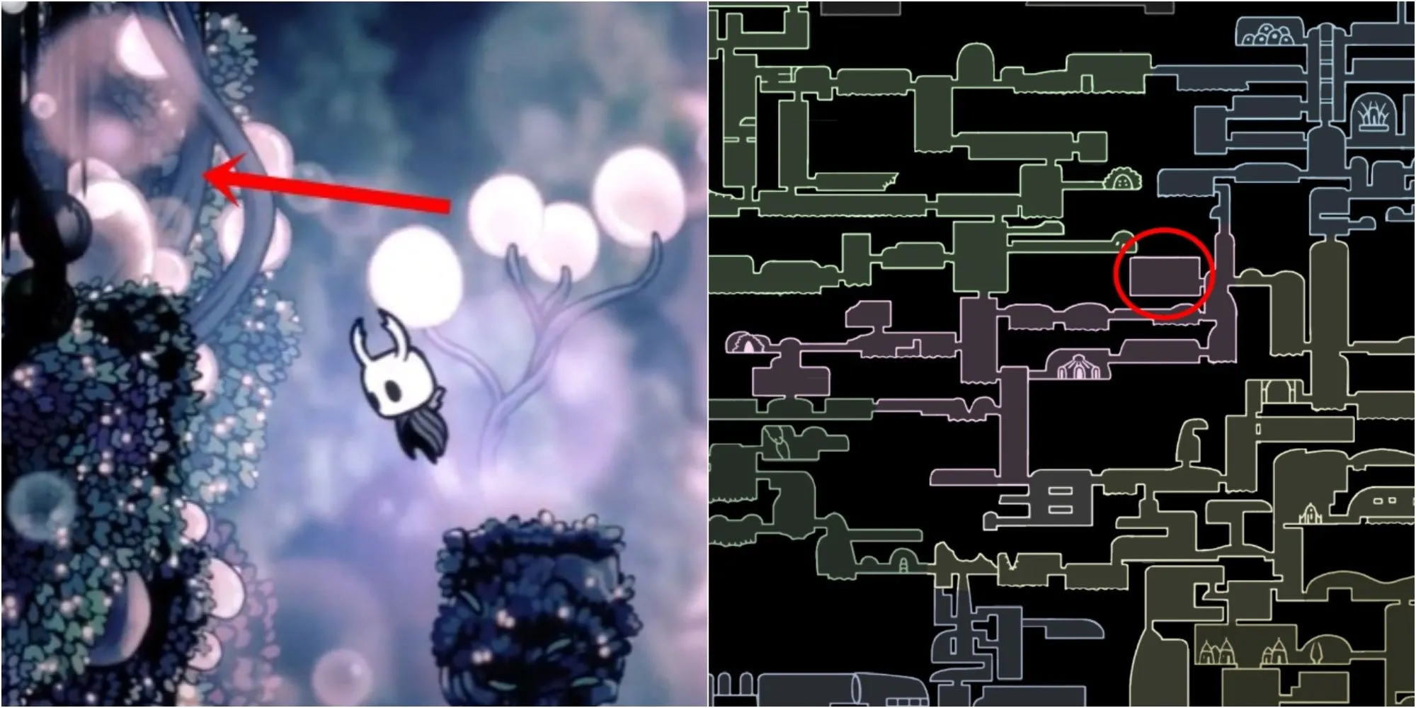 Bản đồ thể hiện vị trí Charm Notch ẩn trong khu vực Fog Canyon của Hollow Knight, yêu cầu Isma's Tear để tiếp cận