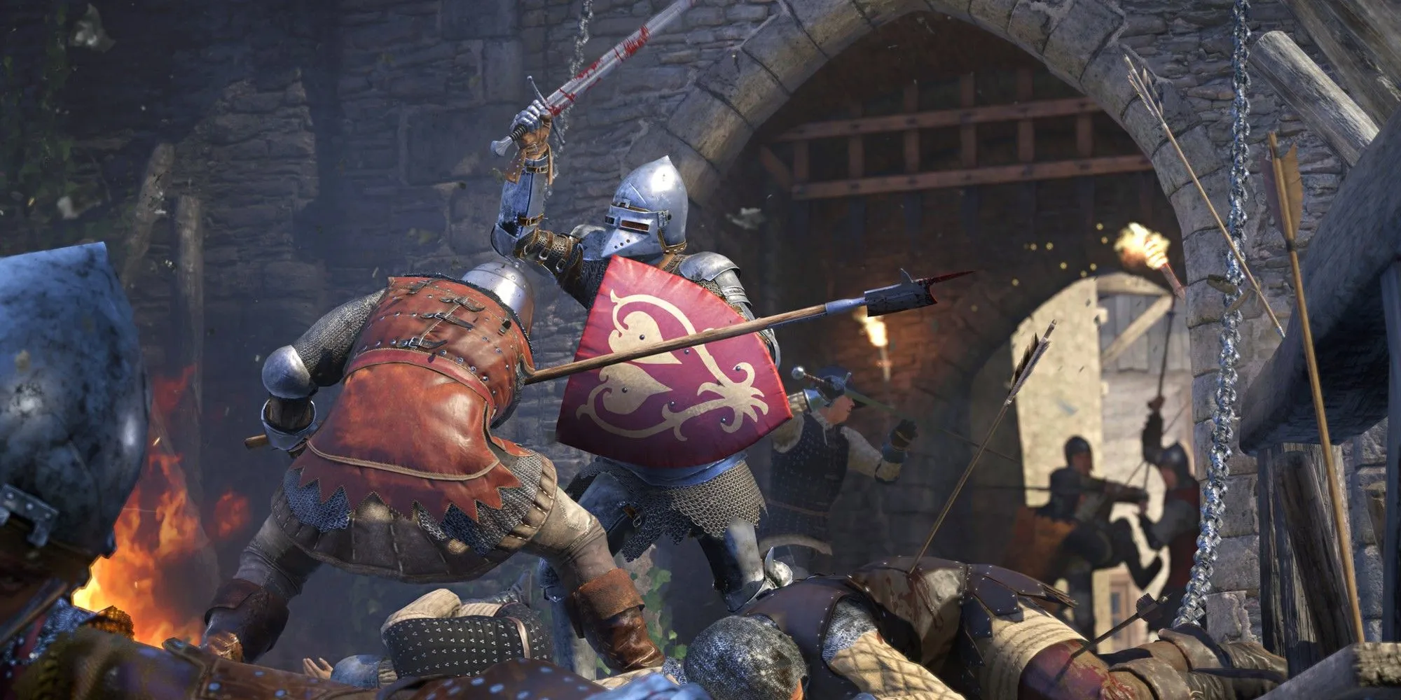 Cảnh chiến đấu bao vây thành trì trong Kingdom Come Deliverance 2, với binh lính giáp trụ đầy đủ đang giao chiến ác liệt, nhấn mạnh tính hiện thực và độ khó của combat lẫn stealth trong game.