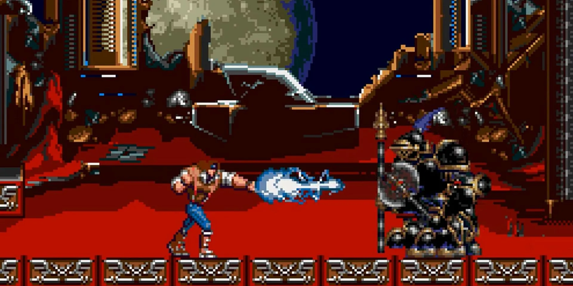 Cảnh chiến đấu căng thẳng với trùm cuối trong Castlevania: Bloodlines, tựa game hành động-phiêu lưu độc quyền của Genesis.