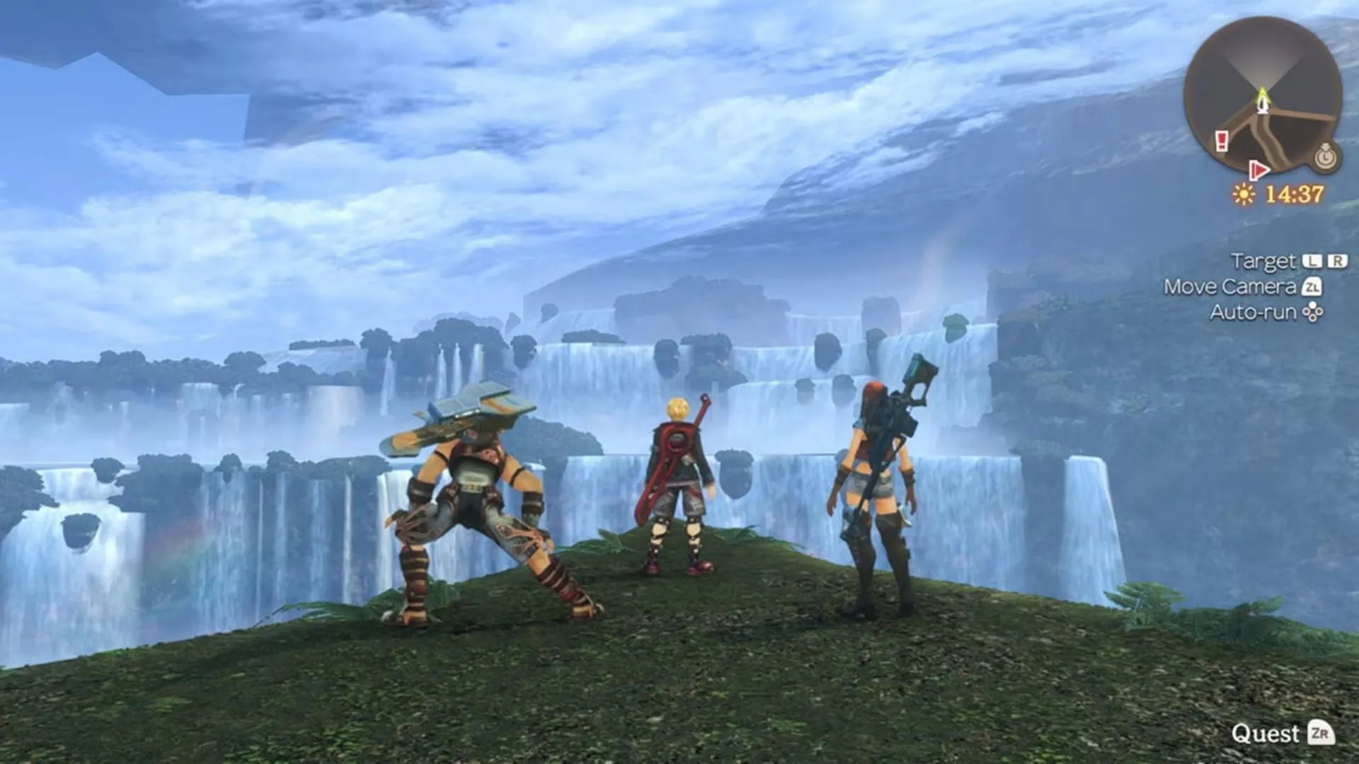 Cảnh chiến đấu hoành tráng trong Xenoblade Chronicles, thể hiện sự kết hợp gameplay và cốt truyện