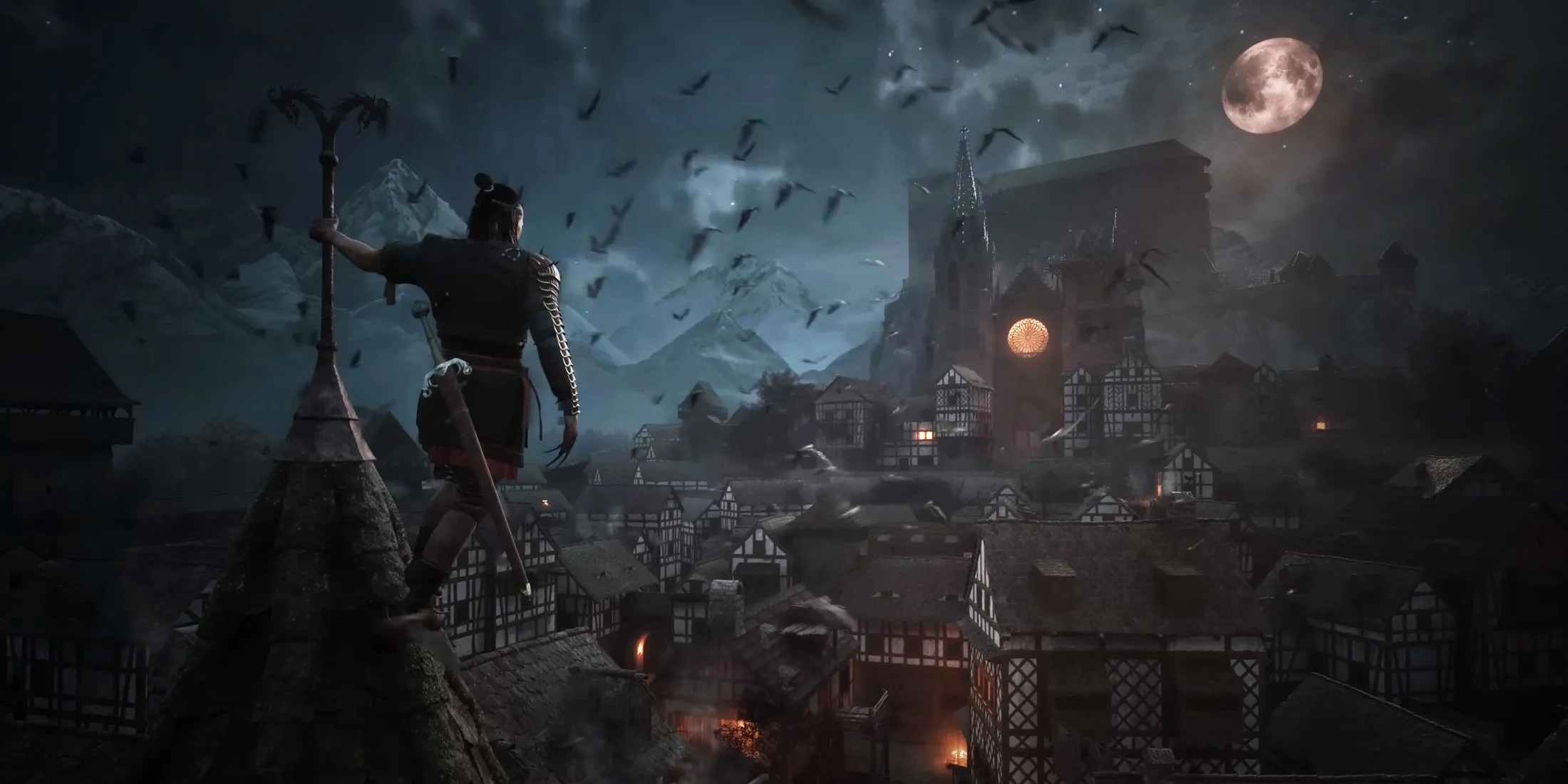Cảnh quan thành phố thời Trung Cổ vào ban đêm trong tựa RPG thế giới mở The Blood of Dawnwalker