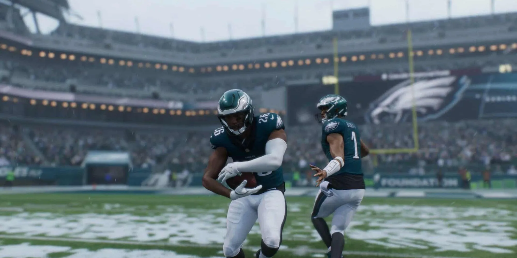 Cầu thủ đội Philadelphia Eagles trong trận đấu Madden NFL 26 trên Nintendo Switch 2, trước khi xuất hiện lỗi đồ họa.