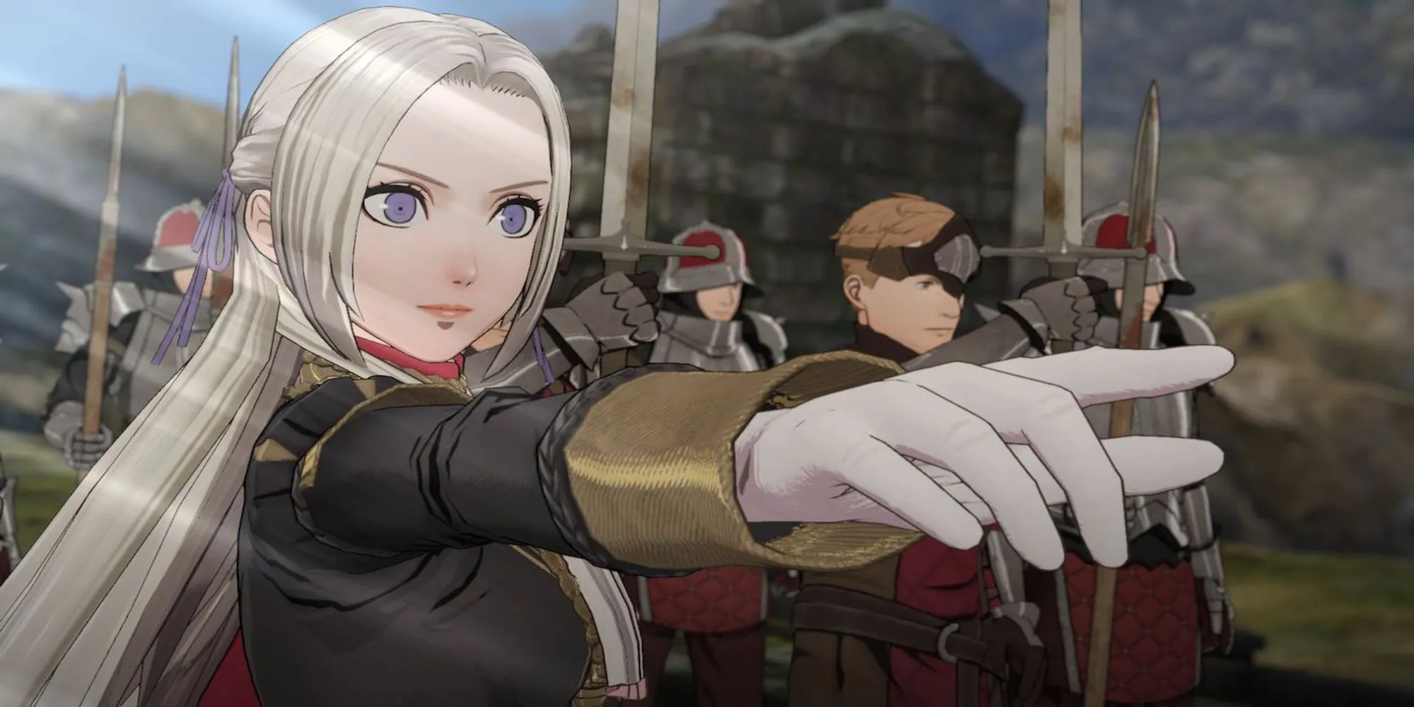 Edelgard von Hresvelg, một trong các thủ lĩnh nhà trong Fire Emblem: Three Houses, đang chỉ dẫn đội quân của mình, biểu trưng cho các quyết định chiến thuật và rủi ro mất đơn vị vĩnh viễn trong trận chiến.