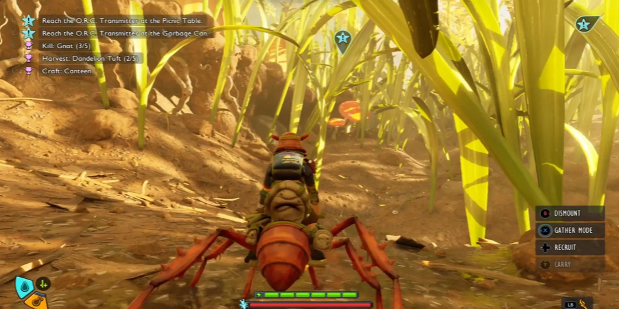 Game thủ điều khiển Buggie kiến đỏ di chuyển qua môi trường trong Grounded 2, thể hiện cơ chế cưỡi côn trùng