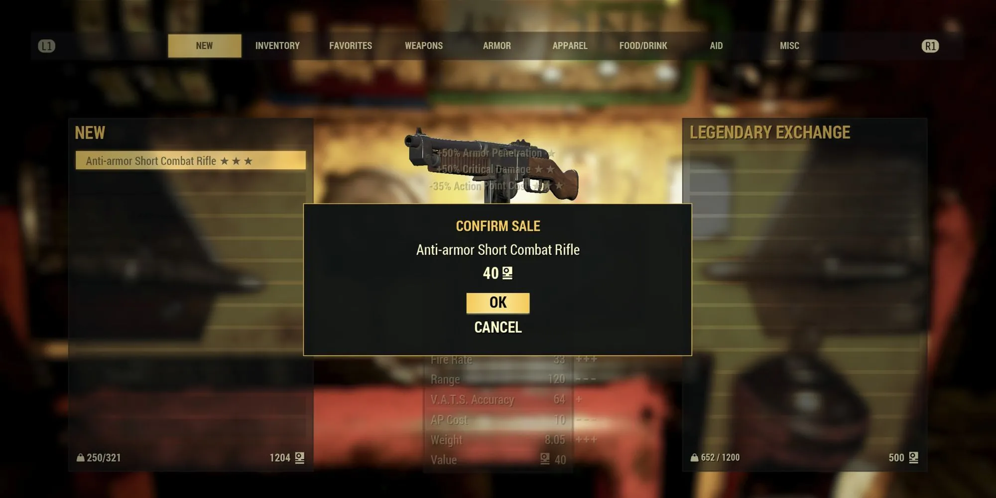 Game thủ Fallout 76 đang bán một vật phẩm huyền thoại tại máy Legendary Exchange