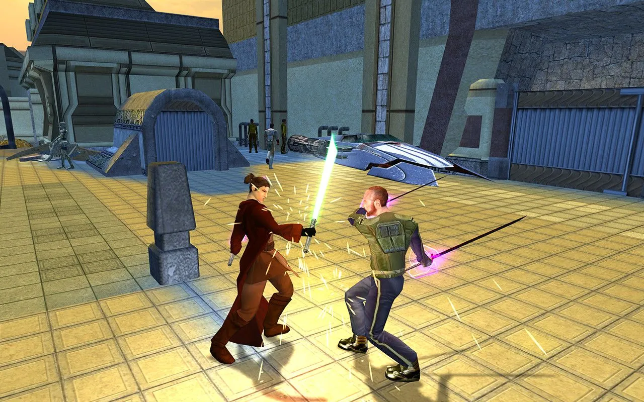 Giao diện chiến đấu trong Star Wars Knights of the Old Republic 2: The Sith Lords, với các nhân vật sử dụng Lightsaber và Force, minh họa cơ chế RPG dựa trên tỷ lệ và các lựa chọn chiến đấu.