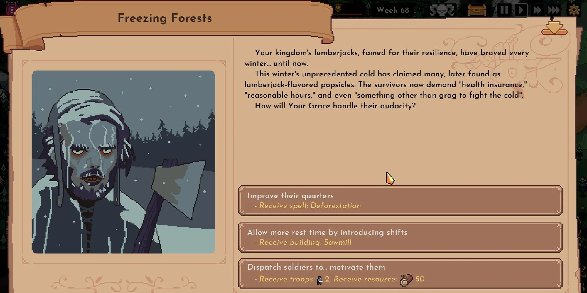 Giao diện lựa chọn &quot;Freezing Forests Choice&quot; thể hiện khiếu hài hước độc đáo của The King is Watching.