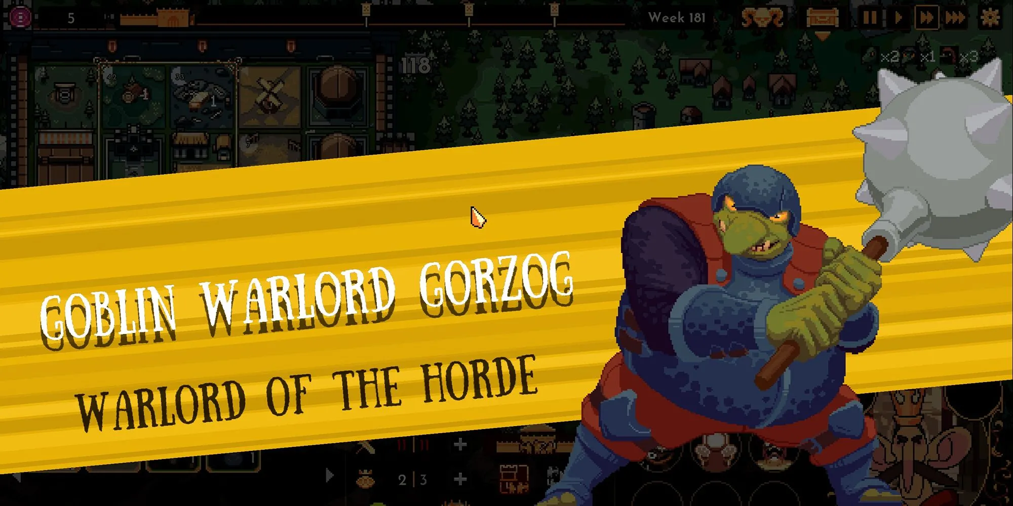 Giao diện màn hình Goblin Warlord Gorzog, một trong những tướng địch hùng mạnh trong The King is Watching.