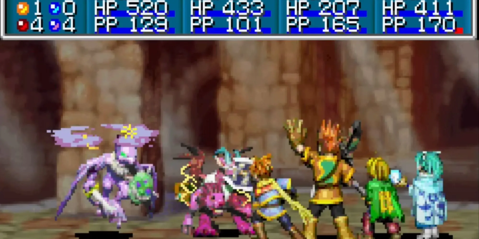 Giao diện trận đấu theo lượt đầy màu sắc và hiệu ứng Psynergy trong Golden Sun, một JRPG huyền thoại trên Game Boy Advance.
