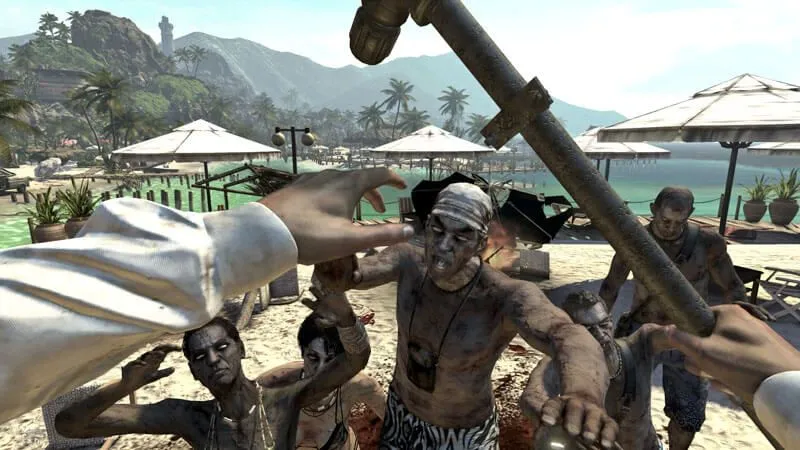 Góc nhìn thứ nhất trong Dead Island, người chơi cầm ống nước chiến đấu với zombie, tương phản với tông bi kịch của trailer reveal