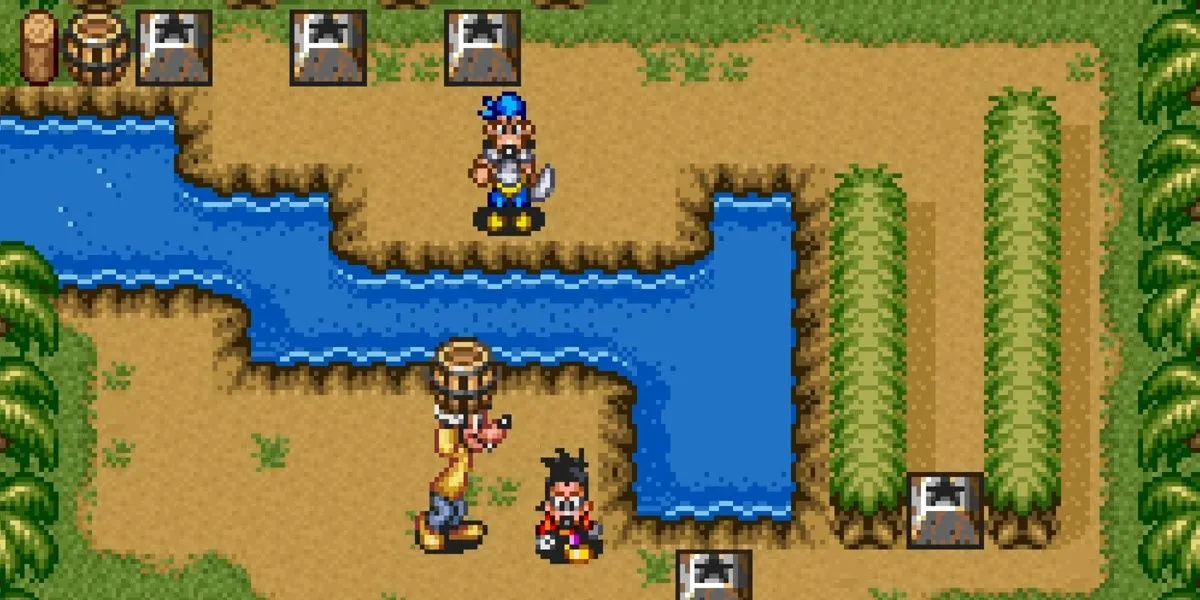 Goofy và Max cầm thùng trong màn chơi giải đố co-op của Goof Troop trên SNES