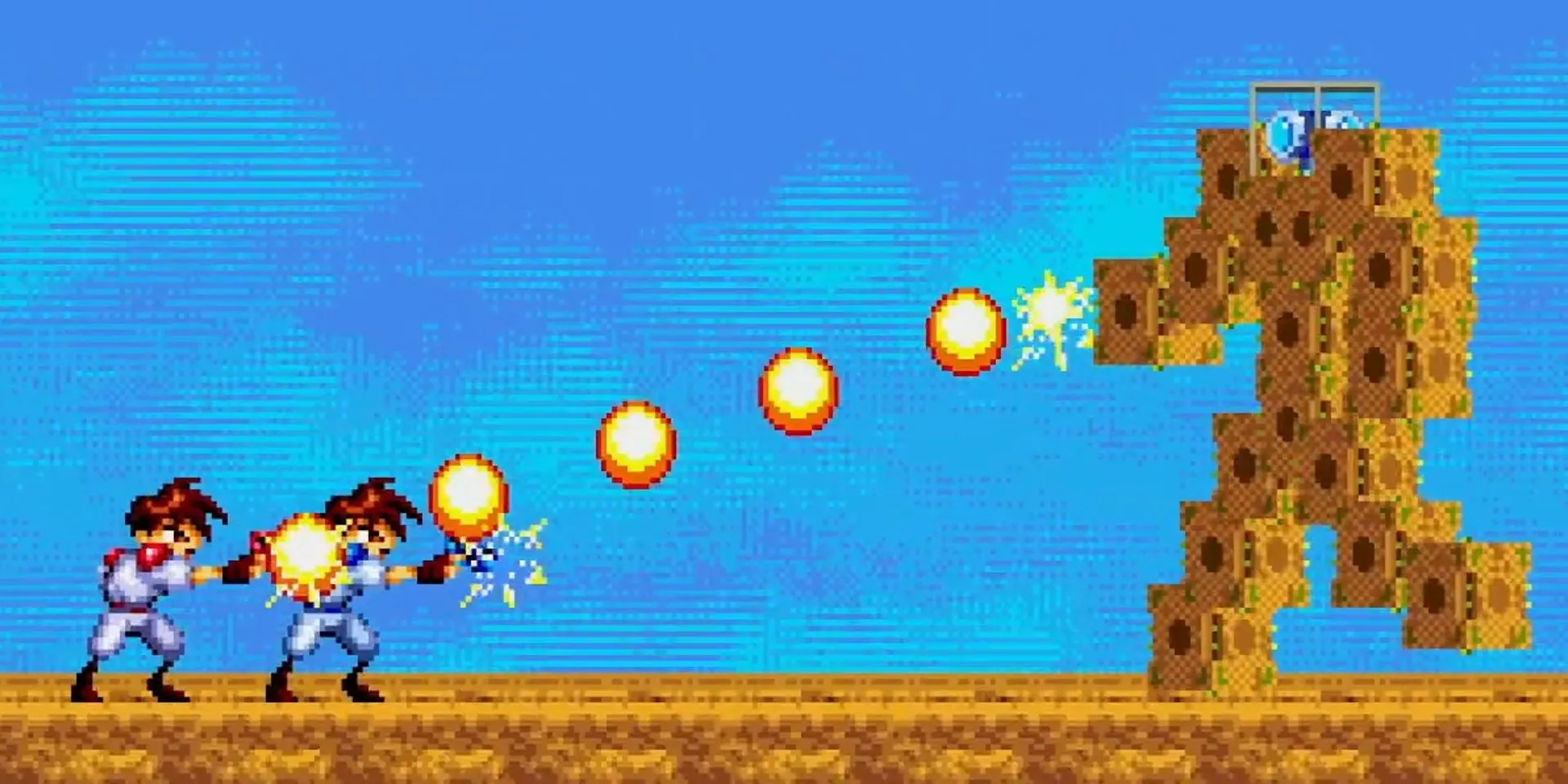 Hai nhân vật Gunstar chiến đấu với boss robot khổng lồ trong Gunstar Heroes
