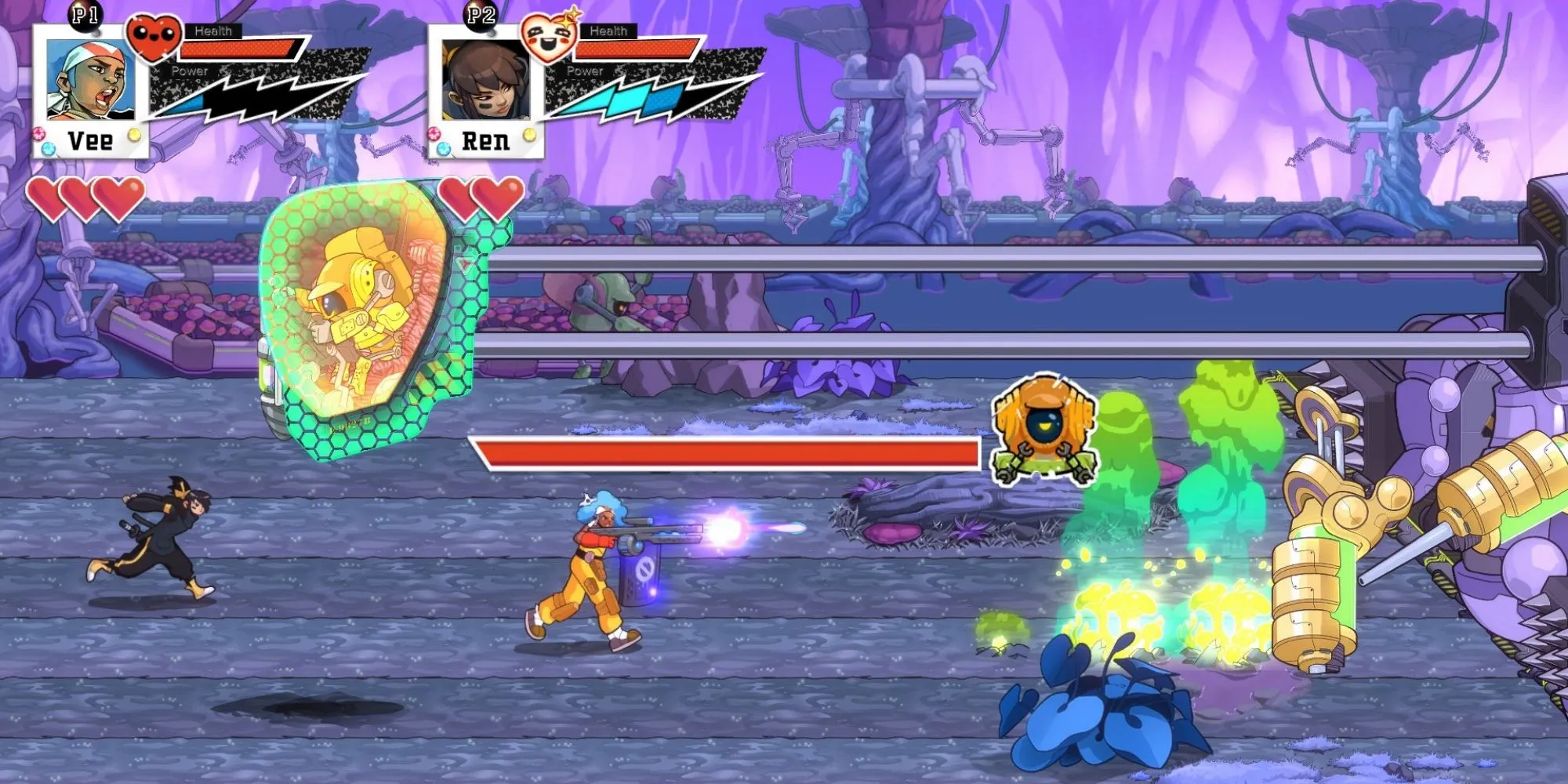 Hệ thống chiến đấu độc đáo của Ra Ra Boom kết hợp yếu tố beat 'em up và shoot 'em up