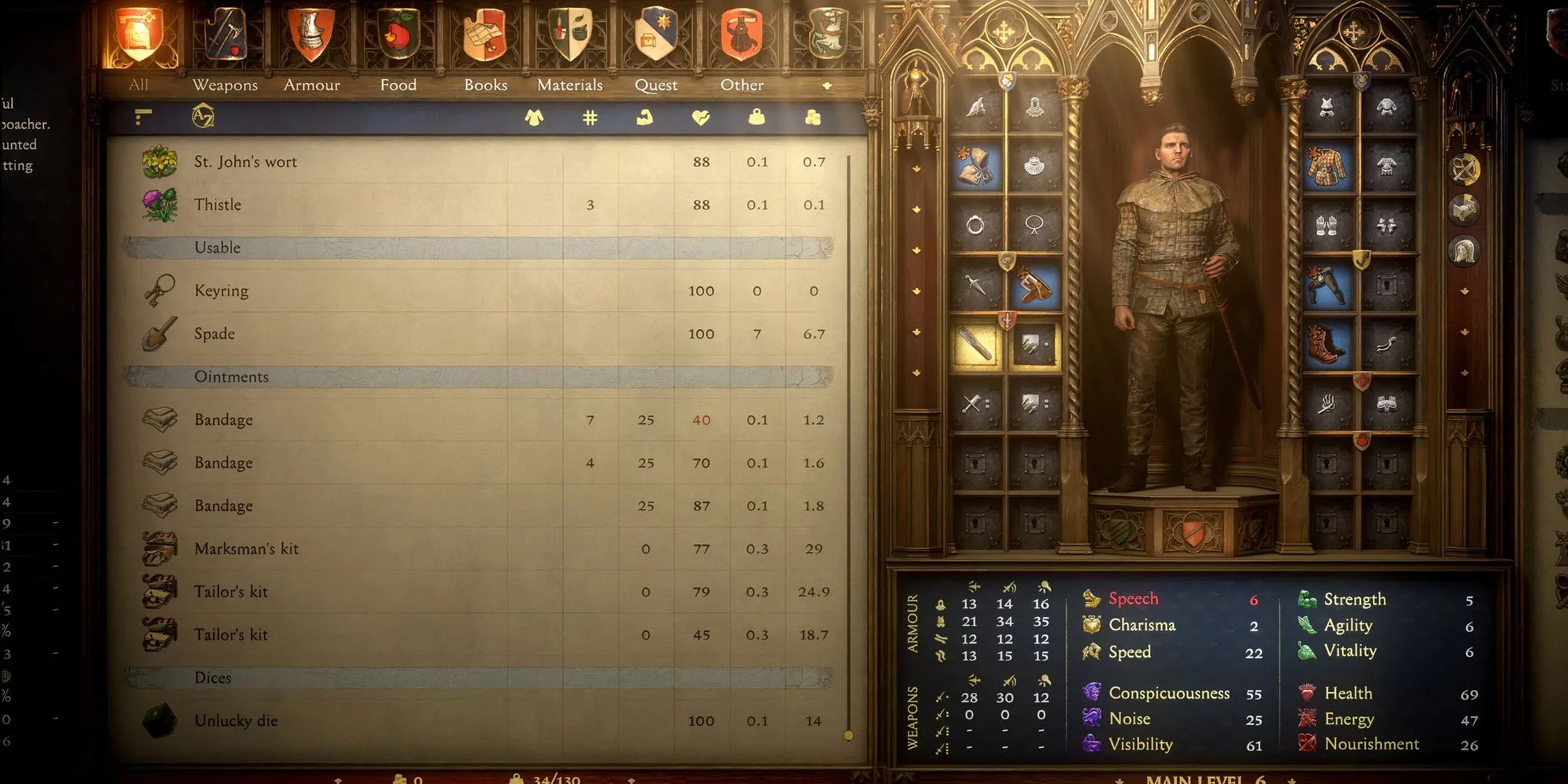 Henry kiểm tra hành trang và tích trữ vật phẩm y tế trong Kingdom Come Deliverance 2, minh họa sự chuẩn bị cho chế độ hardcore