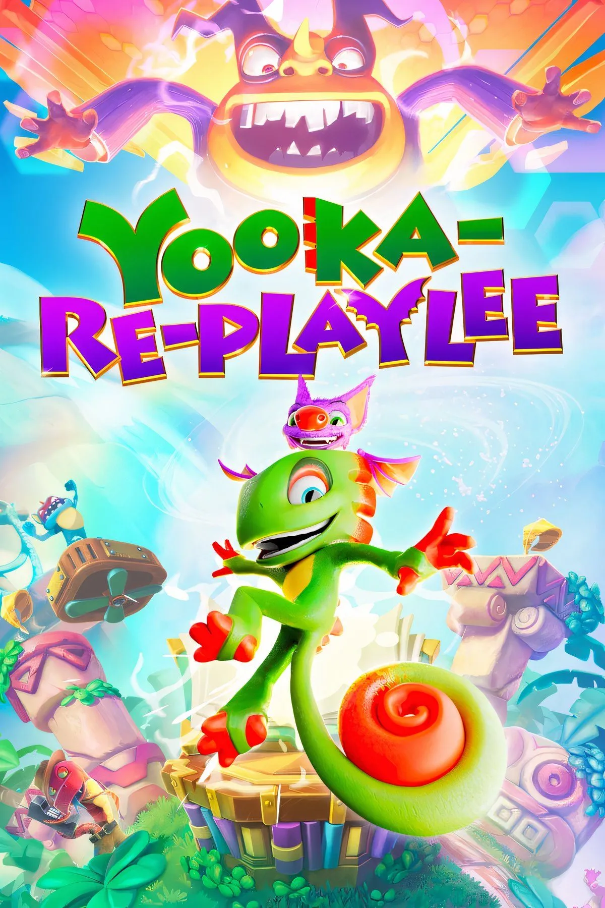 Hình ảnh bìa chính thức của Yooka-Replaylee, thể hiện hai nhân vật chính Yooka và Laylee trong môi trường game đầy màu sắc, nhấn mạnh tính năng platformer 3D.