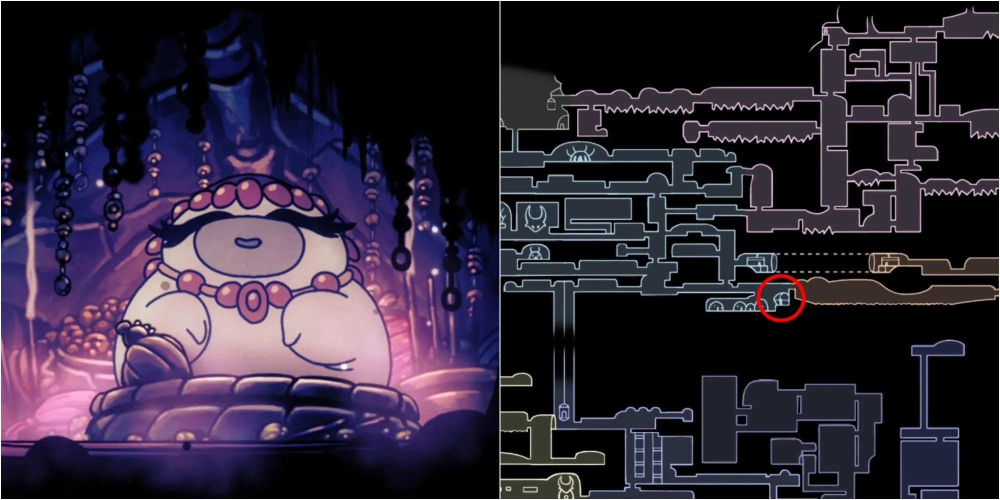 Hình ảnh vị trí cửa hàng Salubra tại Forgotten Crossroads trong Hollow Knight, nơi game thủ có thể mua Charm Notches