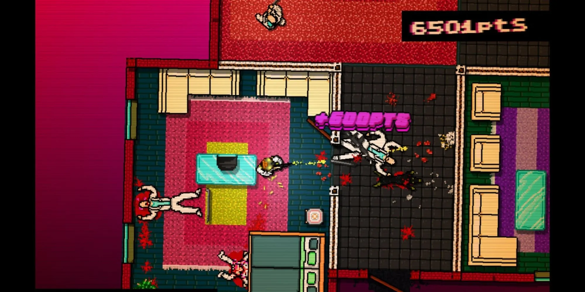 Hotline Miami - Cảnh chiến đấu từ trên xuống, thể hiện đồ họa pixel art đặc trưng và sự hỗn loạn của game