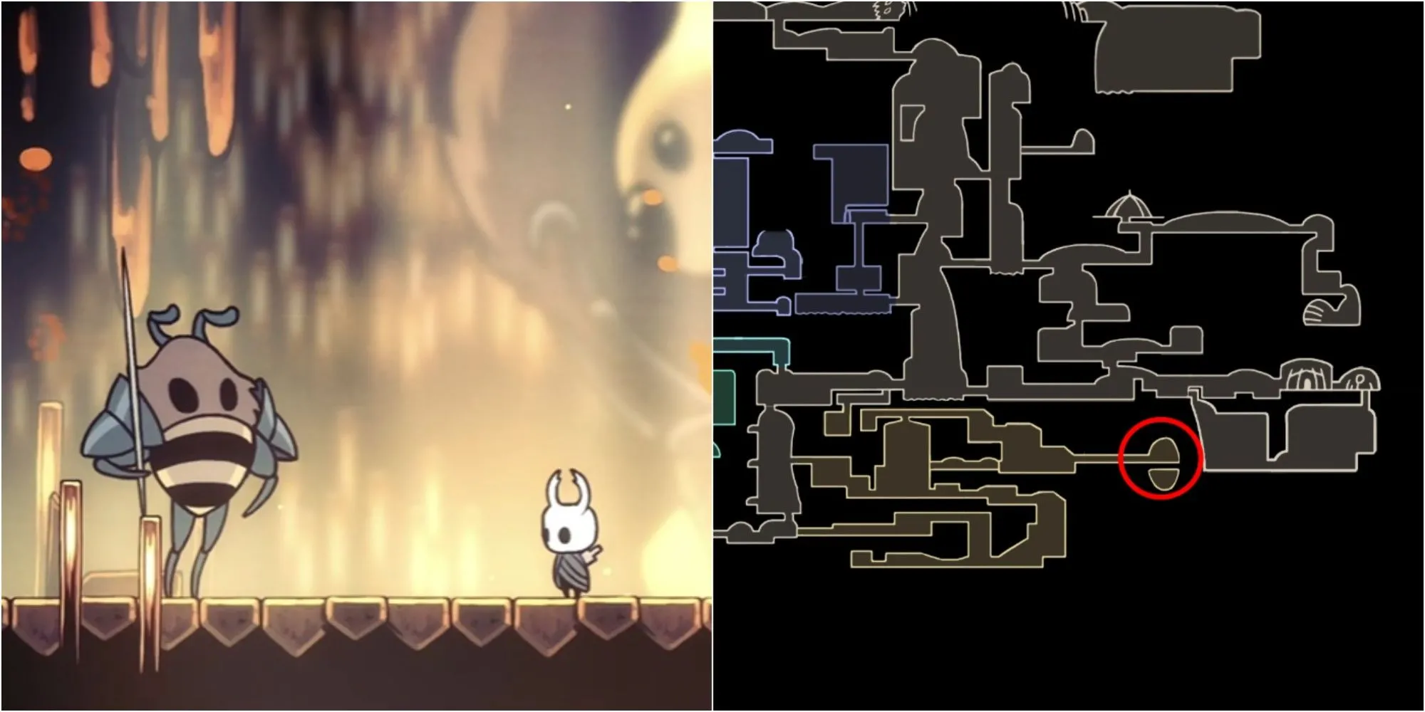 Kỵ Sĩ Tổ Ong (Hive Knight) đang chiến đấu trong The Hive, boss tùy chọn của DLC Lifeblood trong Hollow Knight