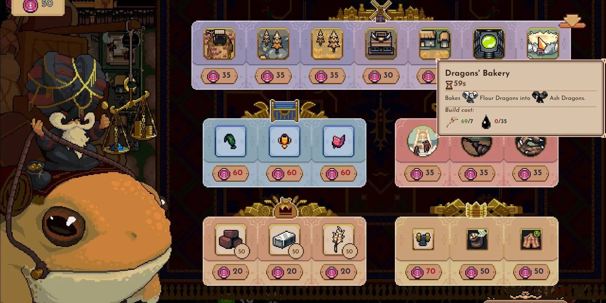 Màn hình menu Trader hiển thị các vật phẩm và Dragon Bakery, một tính năng giao dịch trong The King is Watching.