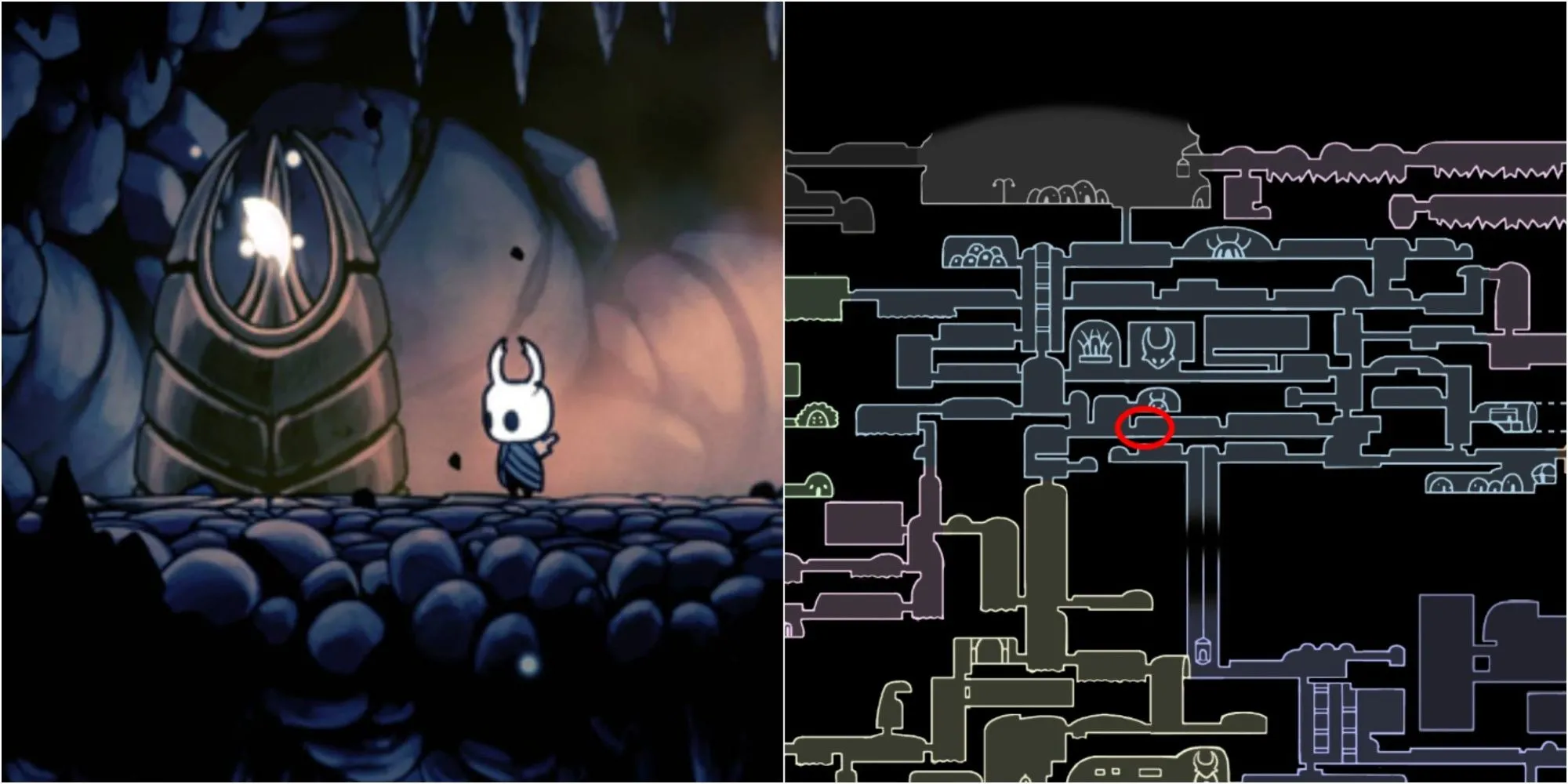 Mảnh mặt nạ sức khỏe được tìm thấy ở một lối đi ẩn trong Forgotten Crossroads của Hollow Knight