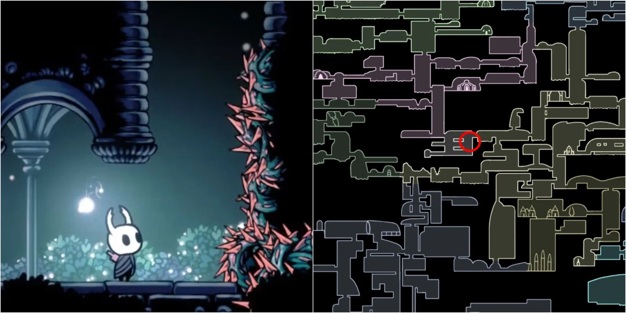 Mảnh mặt nạ sức khỏe nằm ở cuối hành lang hẹp trong Queen's Station của Hollow Knight