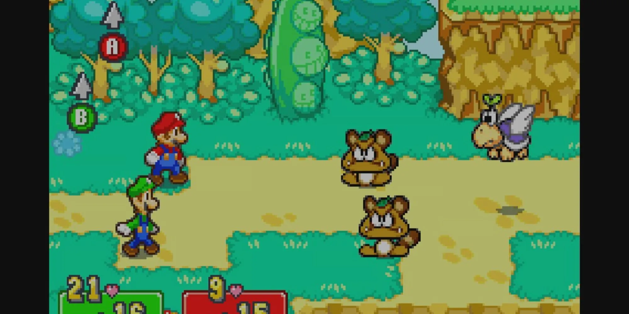 Mario và Luigi phối hợp chiến đấu với Goomba và Koopa Troopa trong hệ thống JRPG đầy tính chiến thuật của Mario &amp; Luigi: Superstar Saga.