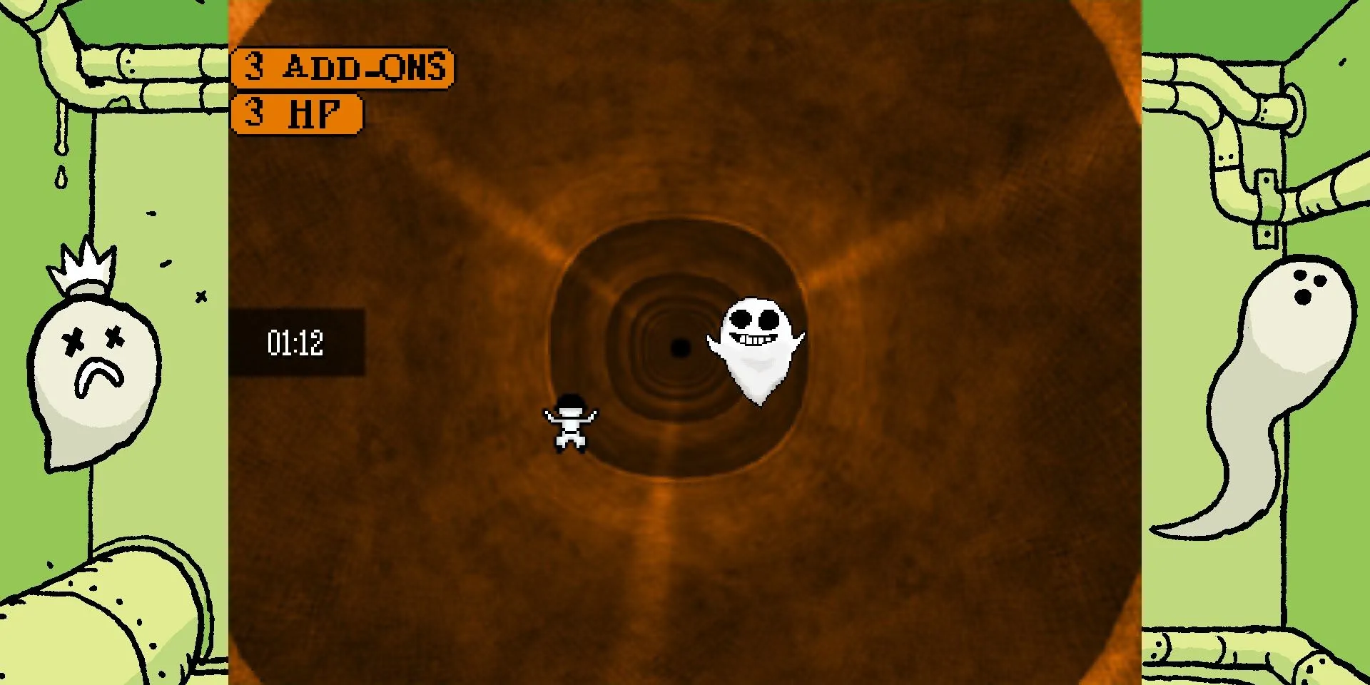 Minigame trong OFF, The Batter đang rơi xuống một đường ống lớn, cố gắng giữ trong các vòng tròn xanh