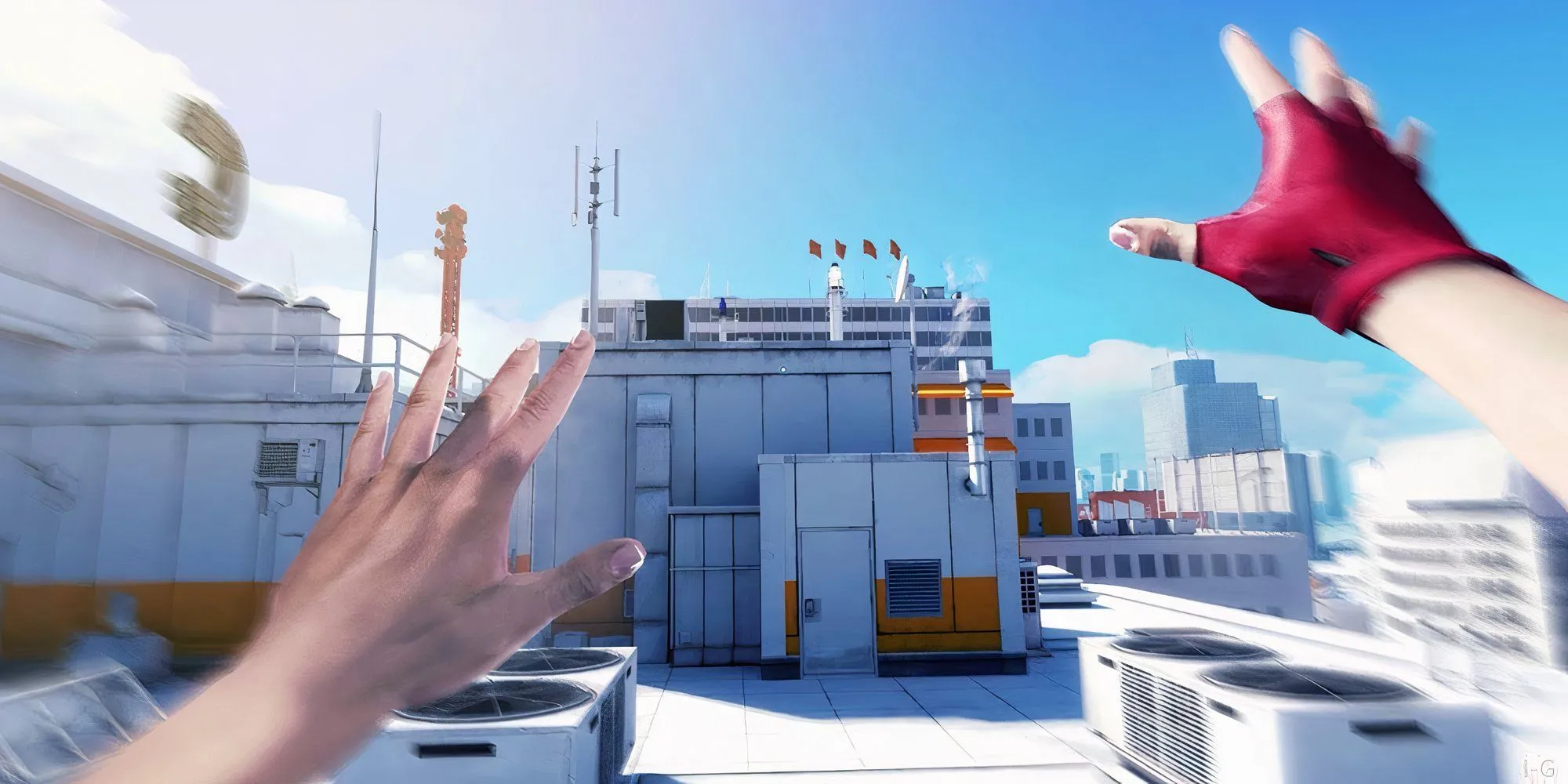 Mirror's Edge - Nữ chính Faith chạy và nhảy qua các tòa nhà cao tầng trong một thành phố hiện đại, thể hiện kỹ năng parkour