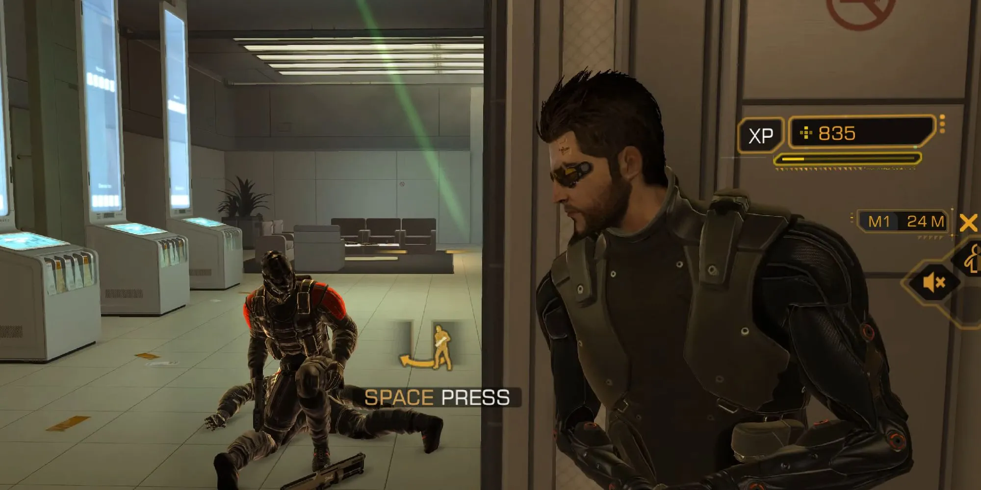 Một bức ảnh chụp màn hình Deus Ex Human Revolution, hiển thị nhân vật chính Adam Jensen với cánh tay được nâng cấp cơ học, đang đứng trong một môi trường thành phố tương lai đầy ánh sáng neon và kiến trúc công nghệ cao