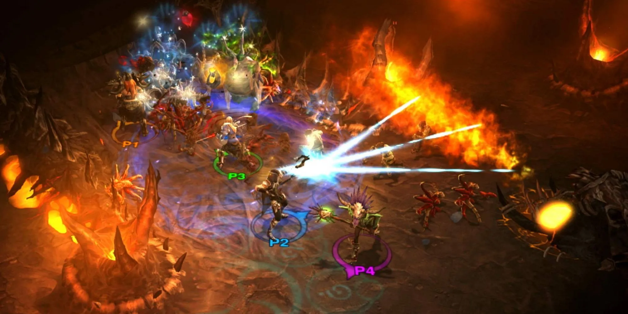 Một bức ảnh chụp màn hình Diablo 3, hiển thị một nhân vật nữ chiến binh Barbarian đang chiến đấu với nhiều quái vật trong một hầm ngục tối tăm, hiệu ứng kỹ năng rực rỡ bao trùm màn hình