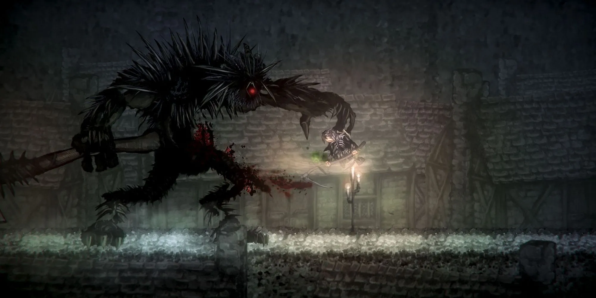 Một bức ảnh chụp màn hình game Salt and Sanctuary, hiển thị nhân vật chính là một chiến binh áo giáp đang chiến đấu với một con quái vật lớn, giống chim, trong một hầm ngục 2D tối tăm
