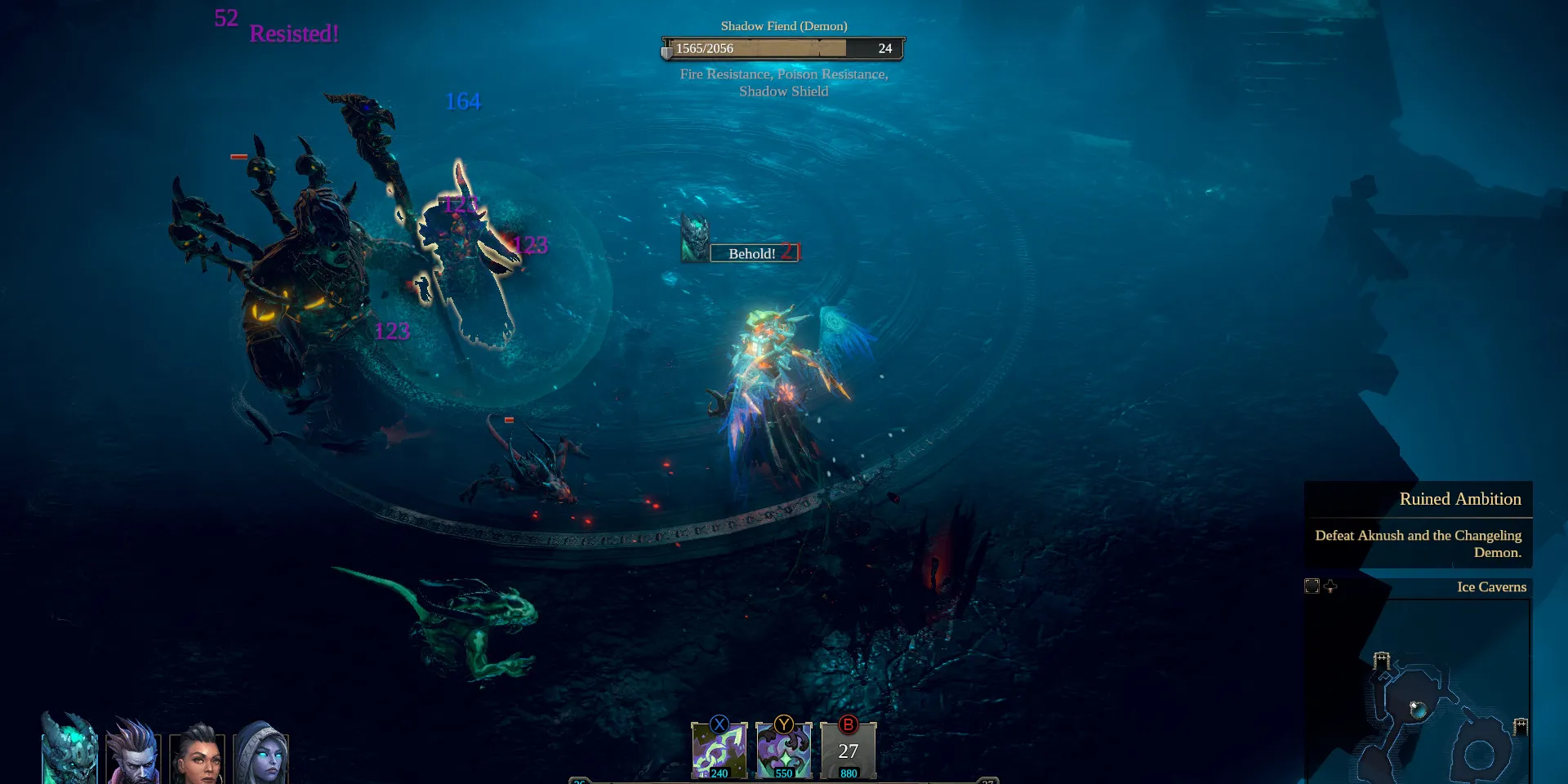 Một bức ảnh chụp màn hình game Shadows Awakening, hiển thị nhân vật chính là một linh hồn màu xanh lam và các anh hùng mà nó chiếm hữu trong môi trường giả tưởng tối tăm