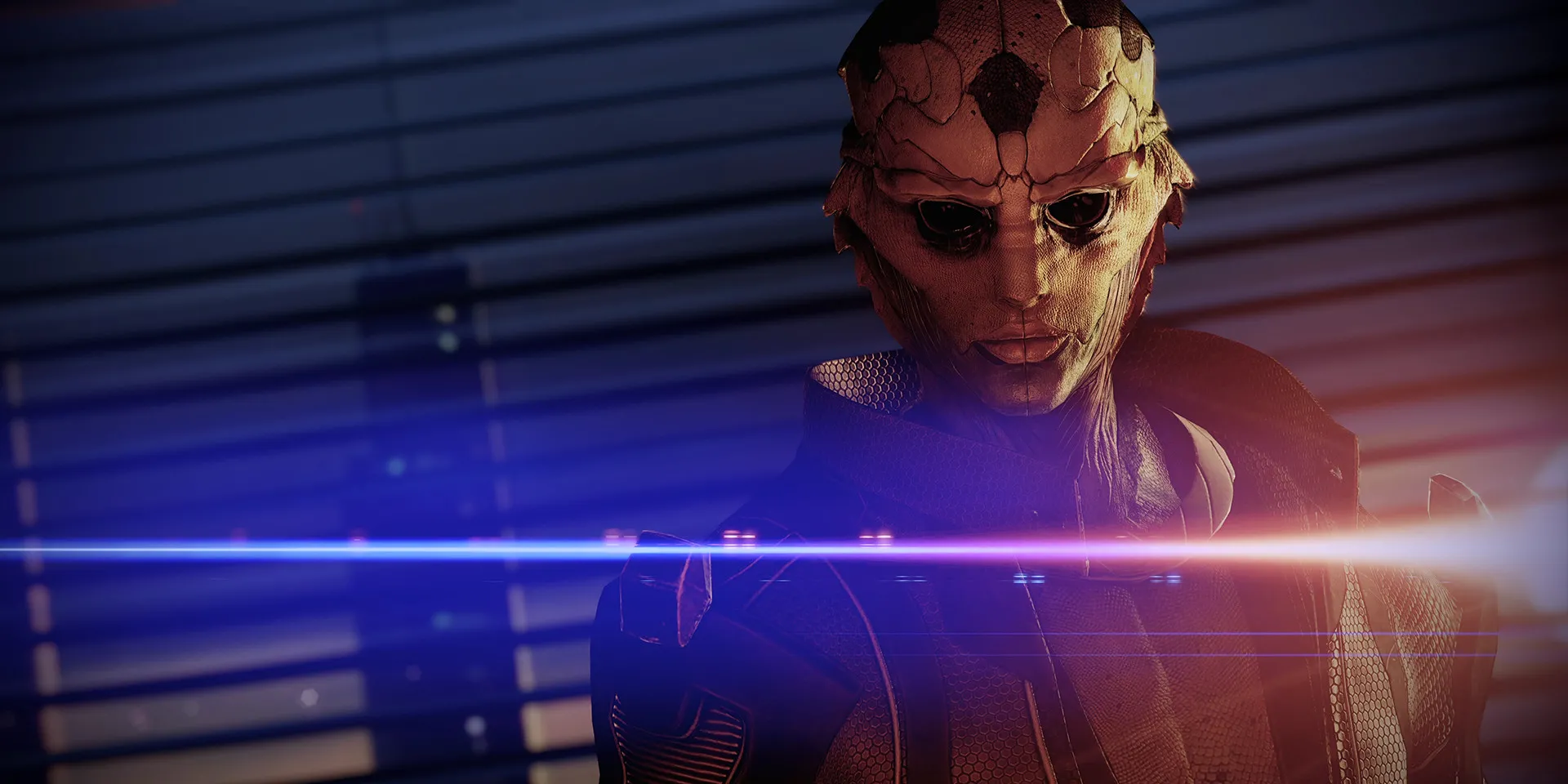 Một bức ảnh chụp màn hình Mass Effect 2, hiển thị Commander Shepard, một nhân vật nam với áo giáp công nghệ cao, đang đứng trên một con tàu không gian với tầm nhìn ra một hành tinh xanh lam và các ngôi sao