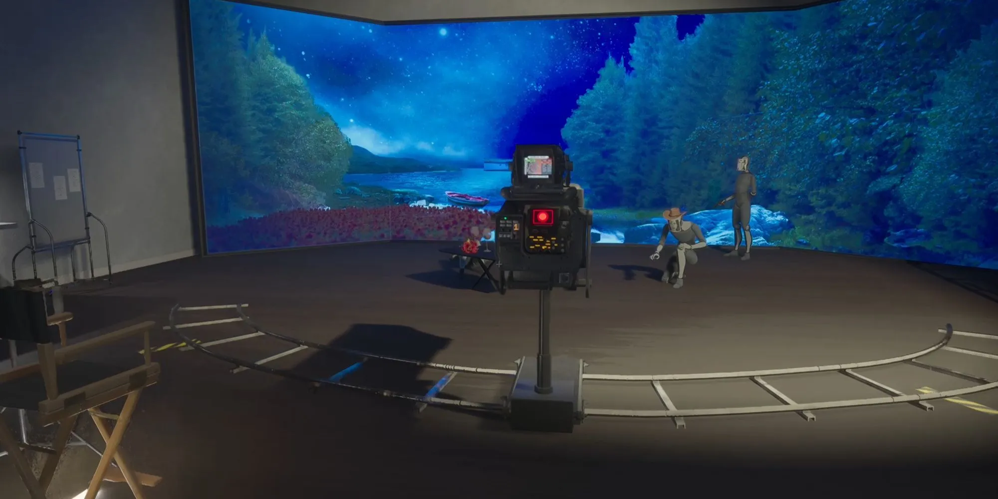Một cảnh giải đố trong game Dead Take, diễn ra tại bối cảnh studio với các yếu tố môi trường gợi liên tưởng đến ngành công nghiệp điện ảnh.