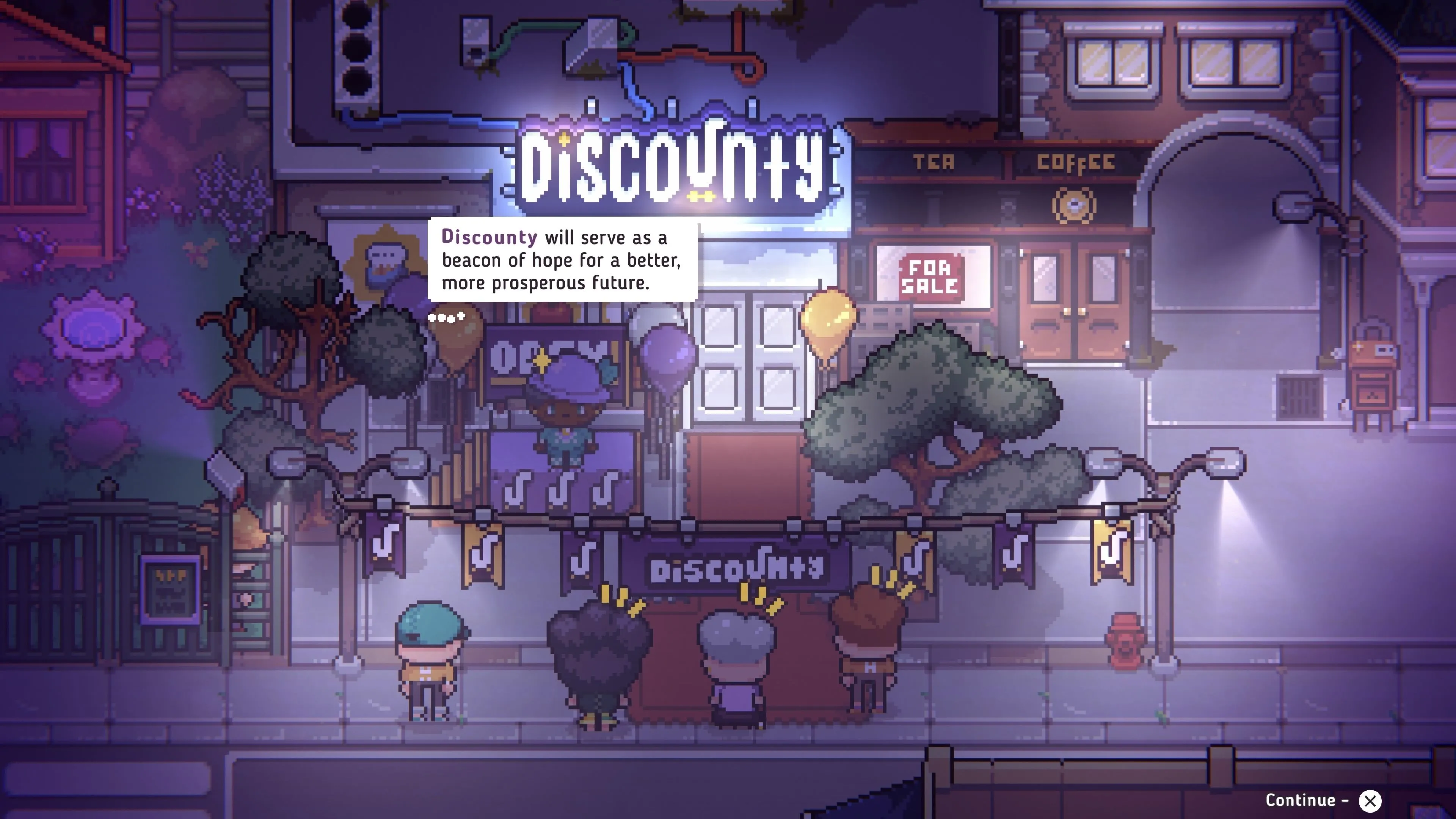 Một góc cửa hàng Discounty trong game với kệ hàng và khách hàng đang mua sắm, thể hiện đồ họa pixel-art mộc mạc và không khí thư giãn của Blomkest.