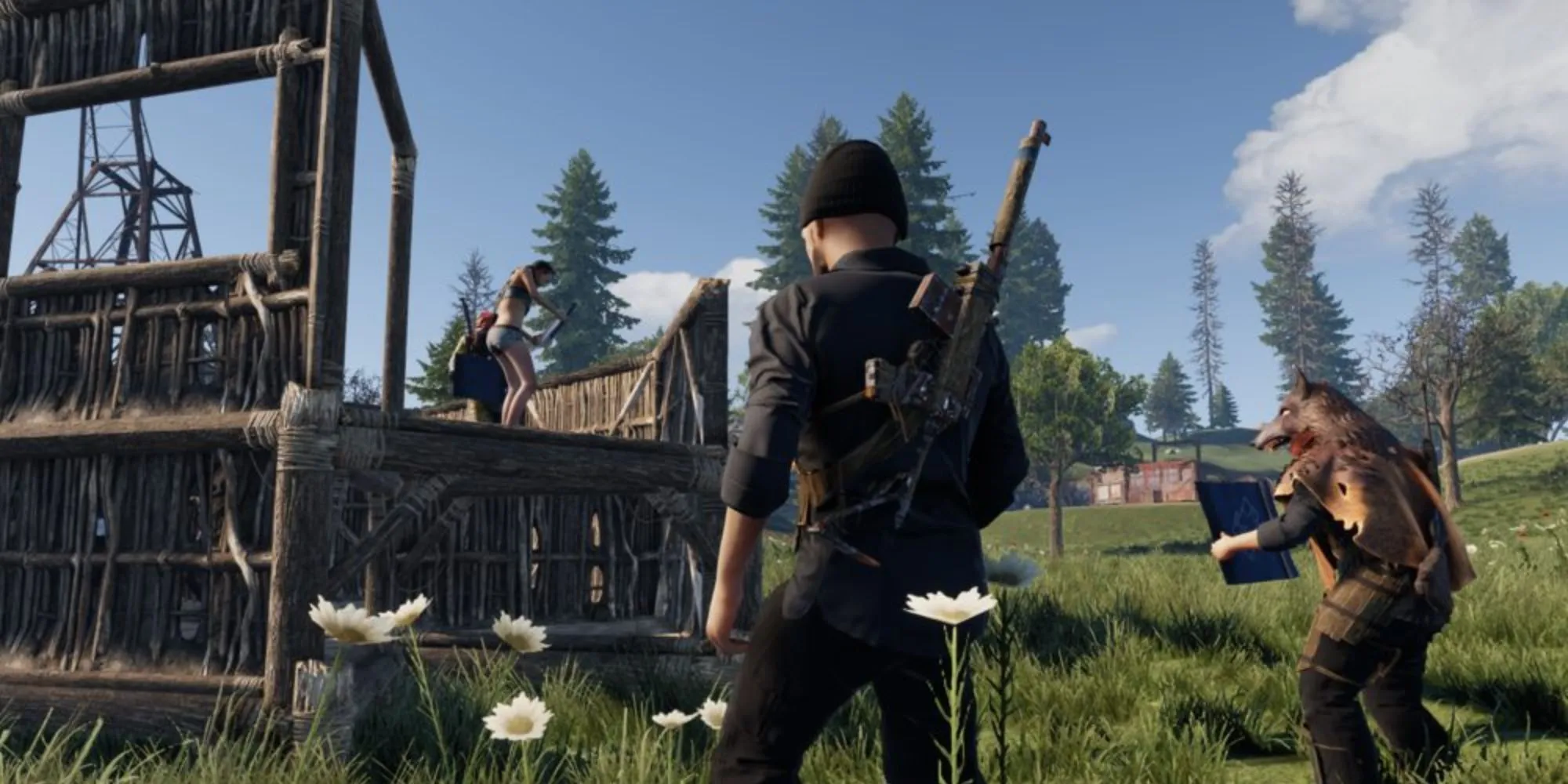 Một nhóm nhân vật game Rust của Facepunch Studios đang xây dựng căn cứ và chiến đấu, minh họa lối chơi multiplayer phức tạp