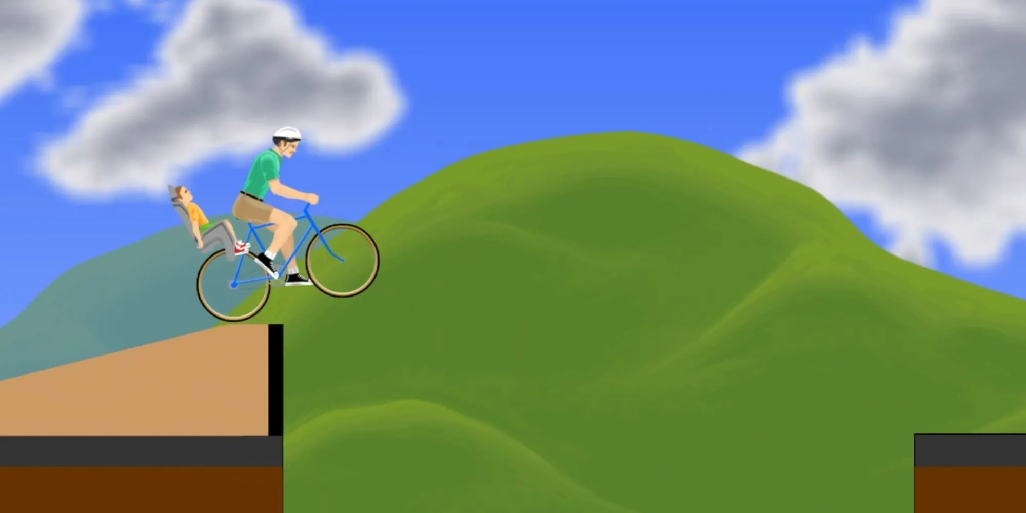 Người cha và con trai đang thực hiện cú nhảy BMX nguy hiểm trong trò chơi Happy Wheels, cảnh tượng hài hước và đầy máu me