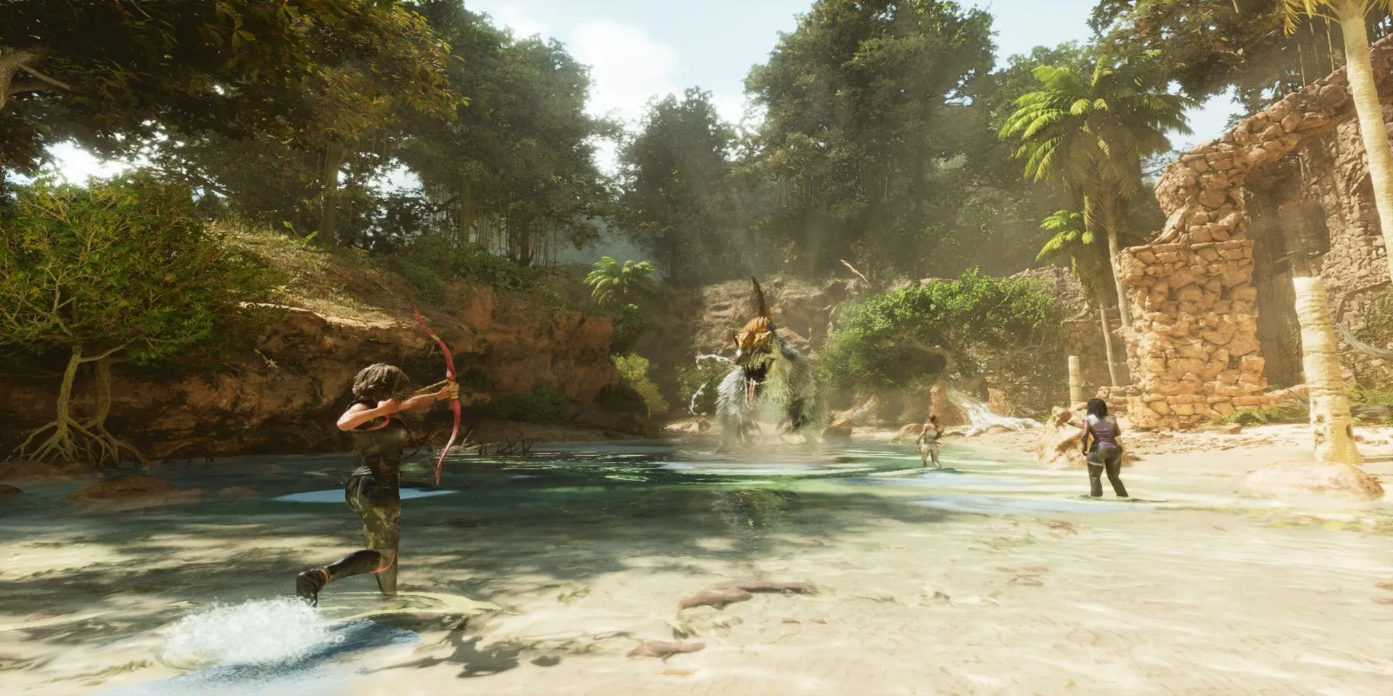 Người chơi chiến đấu với một Yuty trong Ark: Survival Ascended, thể hiện sinh tồn thế giới mở