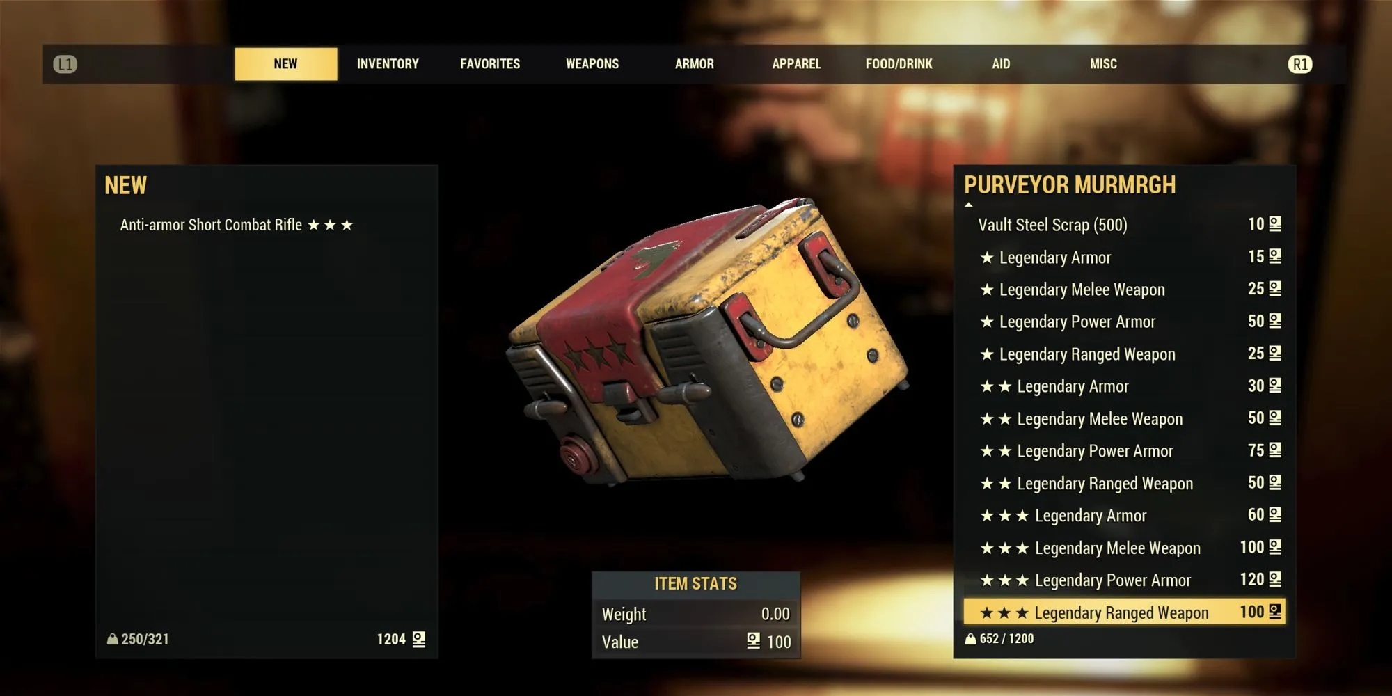 Người chơi Fallout 76 đang mua một vật phẩm huyền thoại ngẫu nhiên từ Murmrgh bằng Scrip