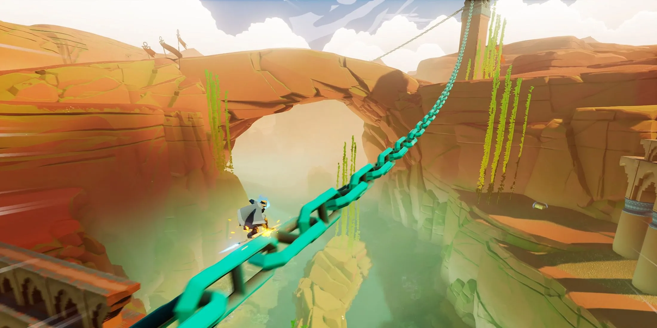 Người chơi grind trên chuỗi xích khổng lồ, một kỹ năng di chuyển nâng cao trong Sword of the Sea.