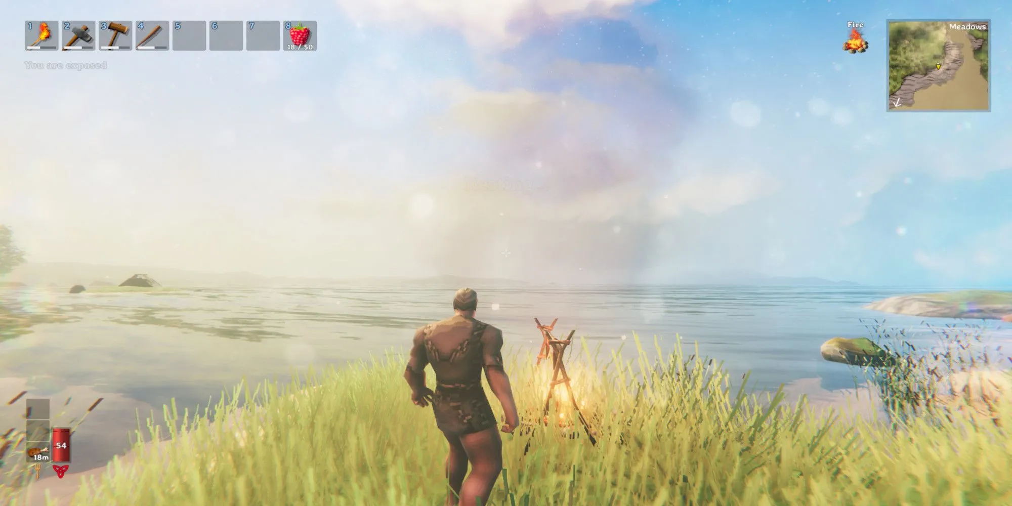 Người chơi Valheim nhìn ra biển với lửa trại, minh họa thế giới mở Viking
