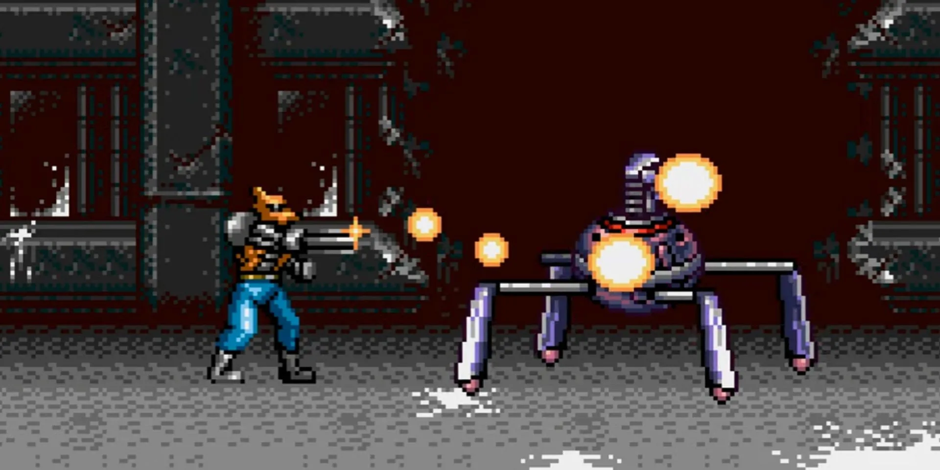Nhân vật Brad Fang, người sói máy, bắn hạ robot địch trong Contra: Hard Corps, một siêu phẩm run 'n gun trên Sega Genesis.