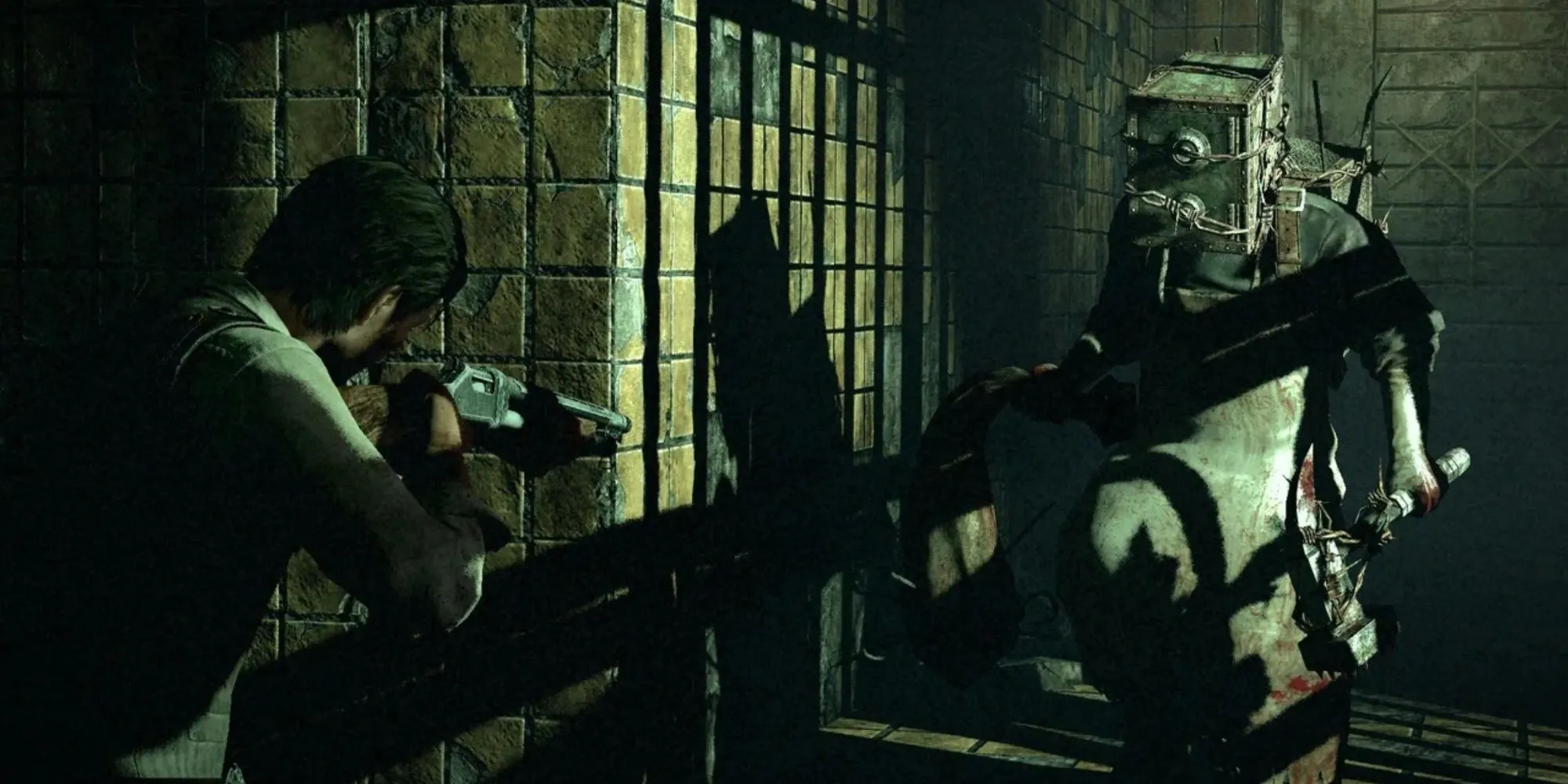 Nhân vật chính Sebastian Castellanos đối mặt với một quái vật ghê rợn trong bối cảnh u ám của The Evil Within, thể hiện bầu không khí kinh dị sinh tồn khắc nghiệt và những thử thách chiến đấu, giải đố đầy máu me.